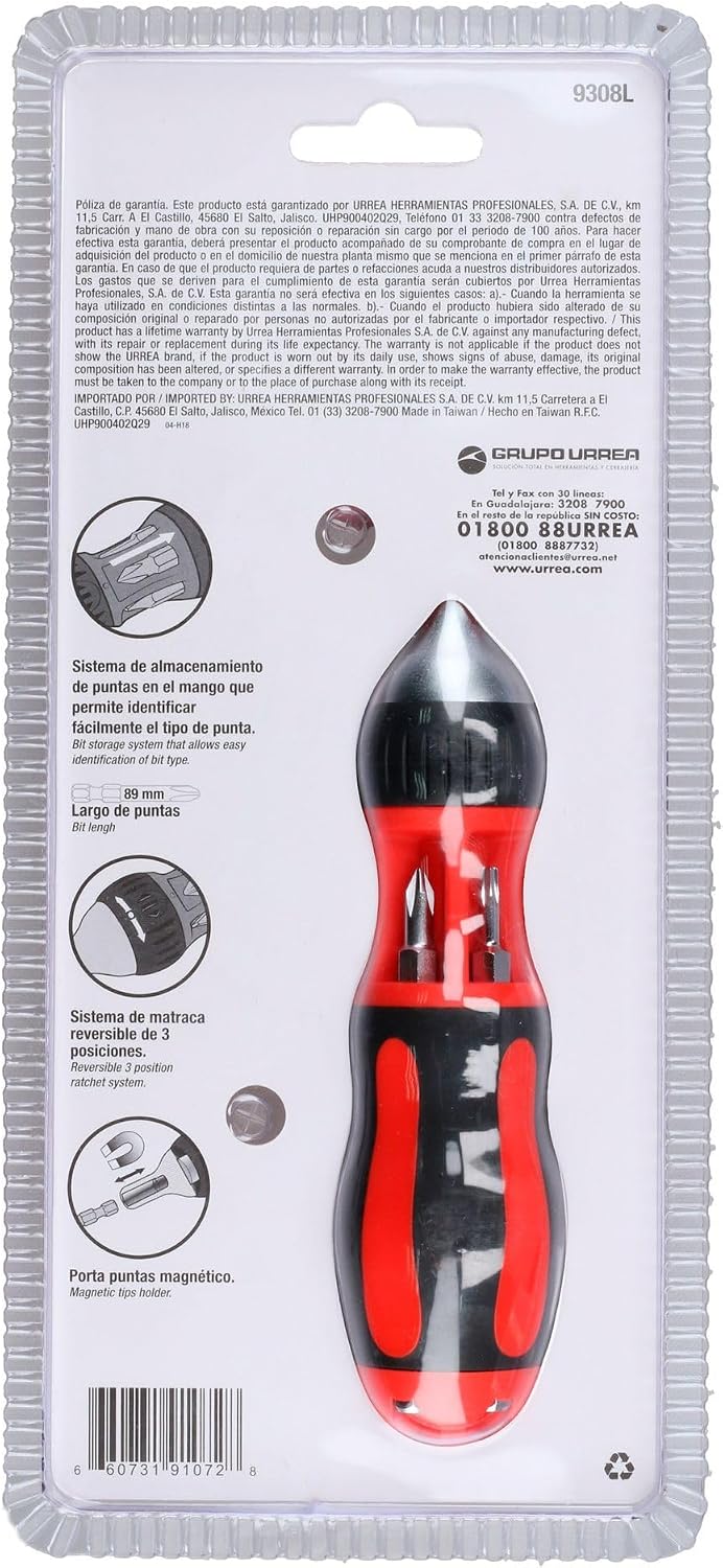 Urrea 9308L Destornillador con mango bimaterial de matraca con puntas largas intercambiables 7 en 1