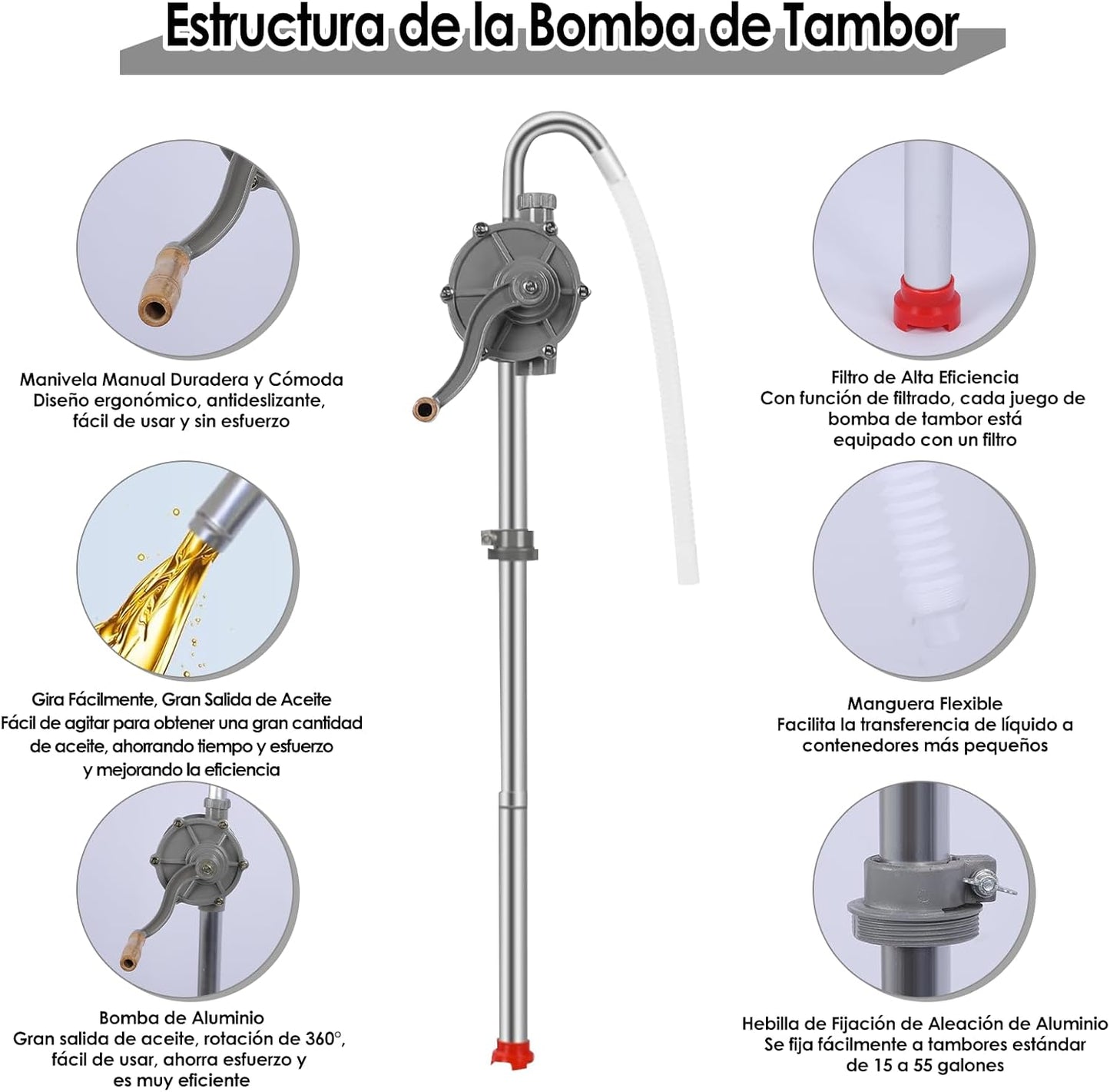 Bomba de Tambor para Bidón de 15 a 55 Galones, Manual de Aceite de 7 GPM