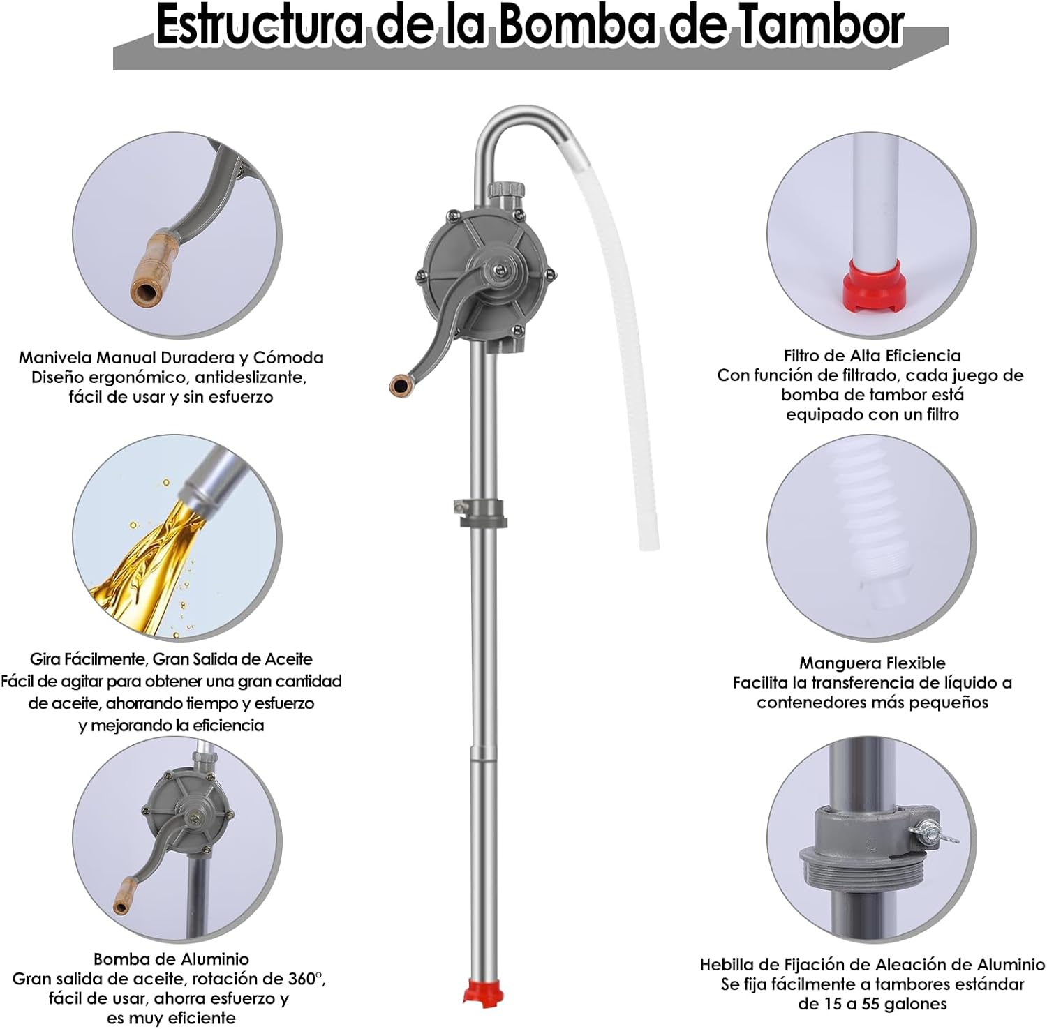 Bomba de Tambor para Bidón de 15 a 55 Galones, Manual de Aceite de 7 GPM