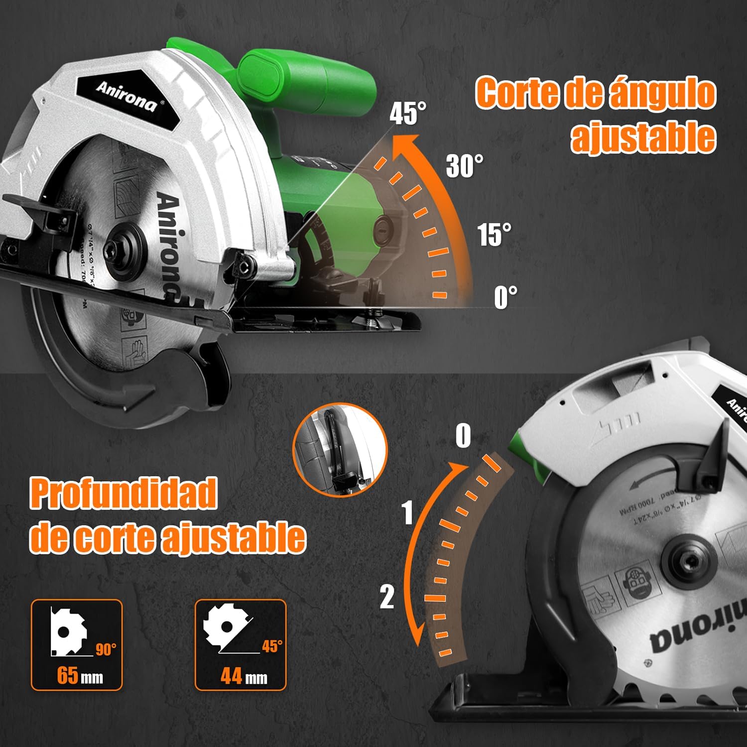 Anirona Sierra Circular Eléctrica 1600W, 7-1/4" Cierra Circular con Profundidad de Corte Ajustable de 2-9/16” (90°) a 1-