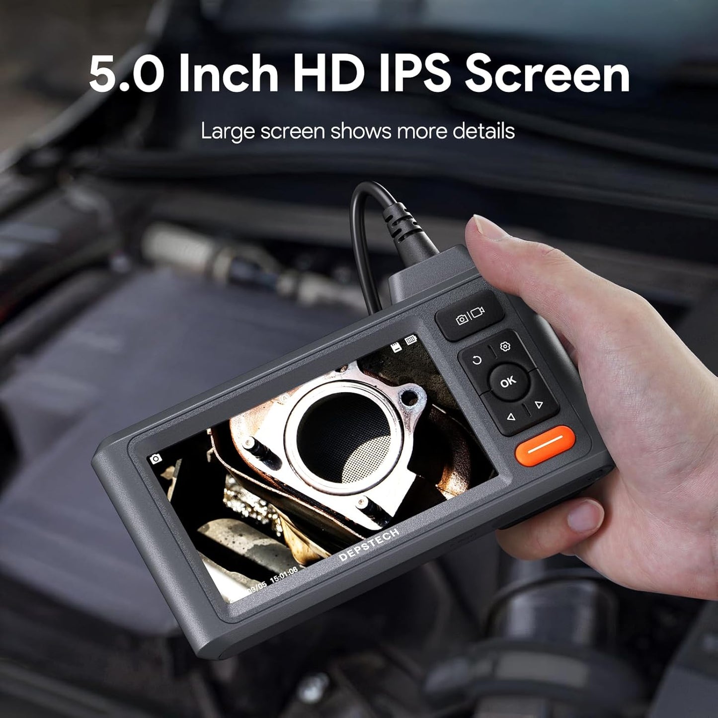 DEPSTECH - Cámara de inspección endoscopio con luces: cámara serpiente de triple lente con pantalla IPS de 5 pulgadas, c