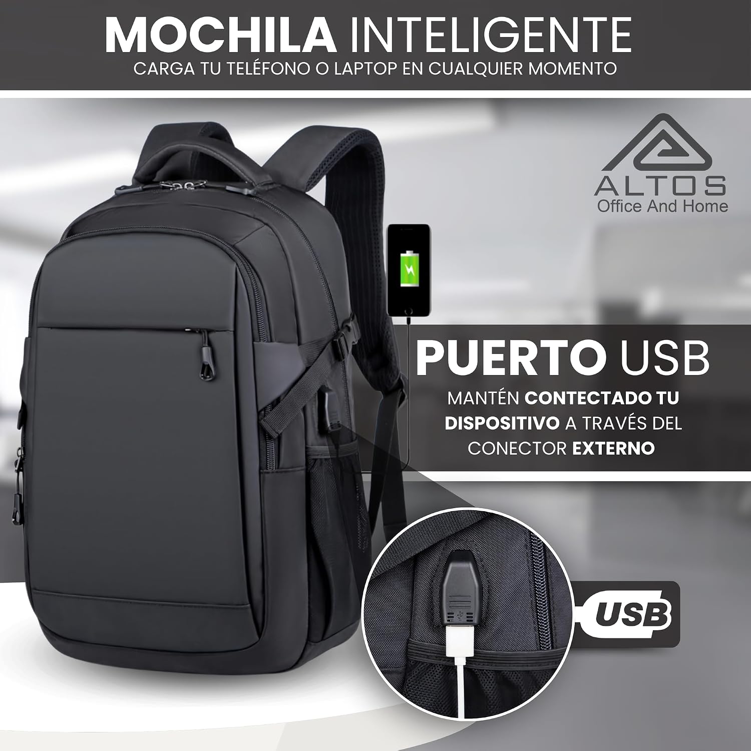 ALTOS OFFICE AND HOME Mochila para laptop, viajes de negocios y estudios, Puerto USB, Laptop hasta 15,6", negra, antirro