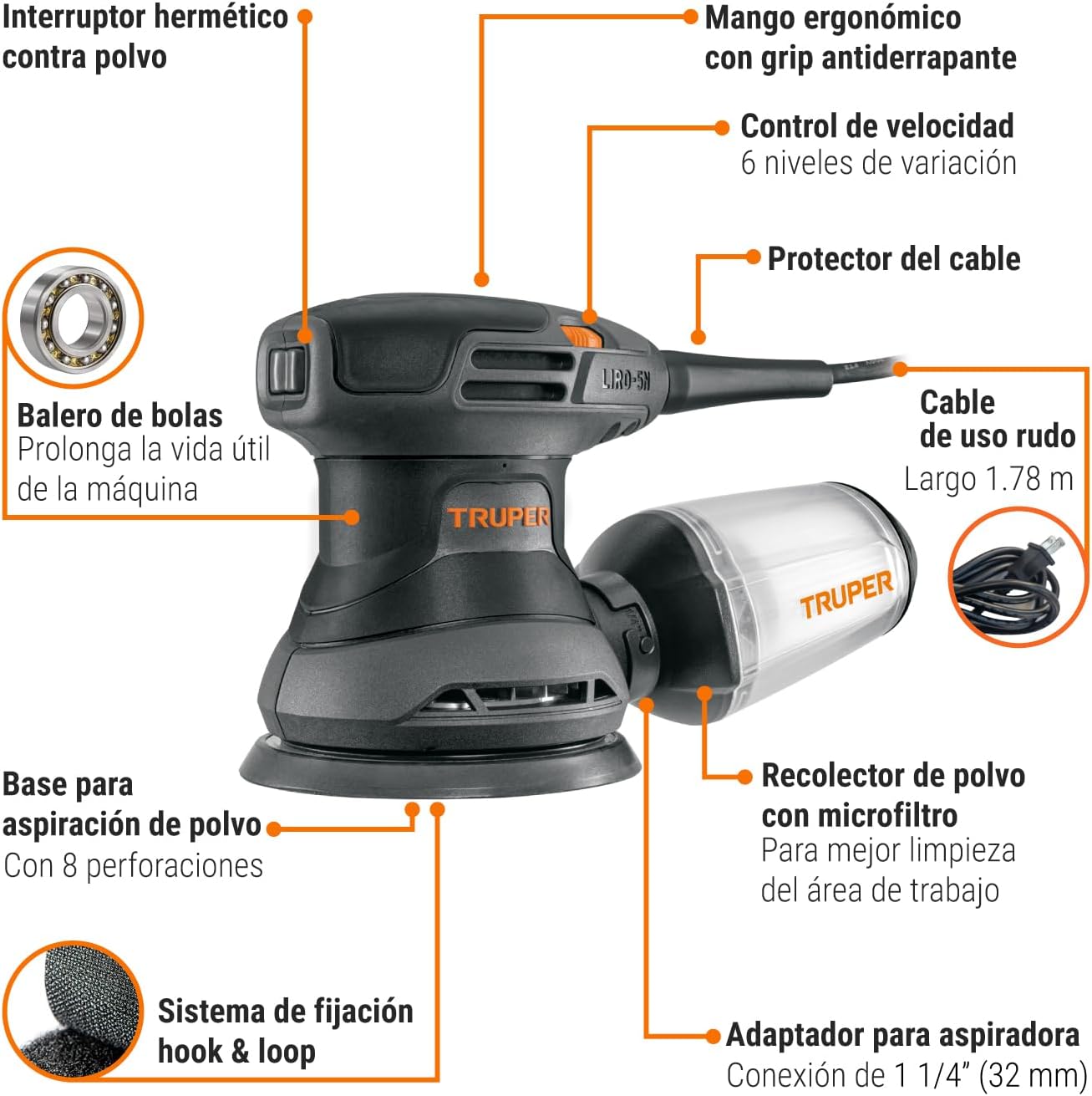 Truper Industrial LIRO-5N2, Lijadora roto orbital 5", 260W