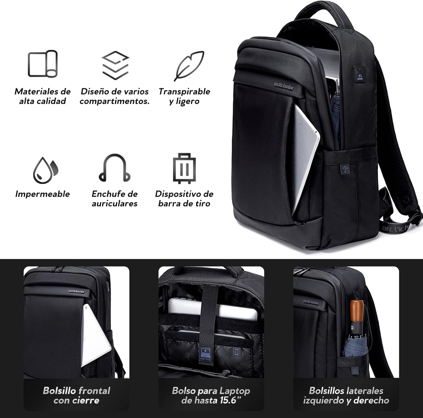 Mochila para Laptop Antirrobo, ARCTIC HUNTER AH Mochila Impermeable Hombre Mujer Mochila Aire Libre para Laptop hasta 15