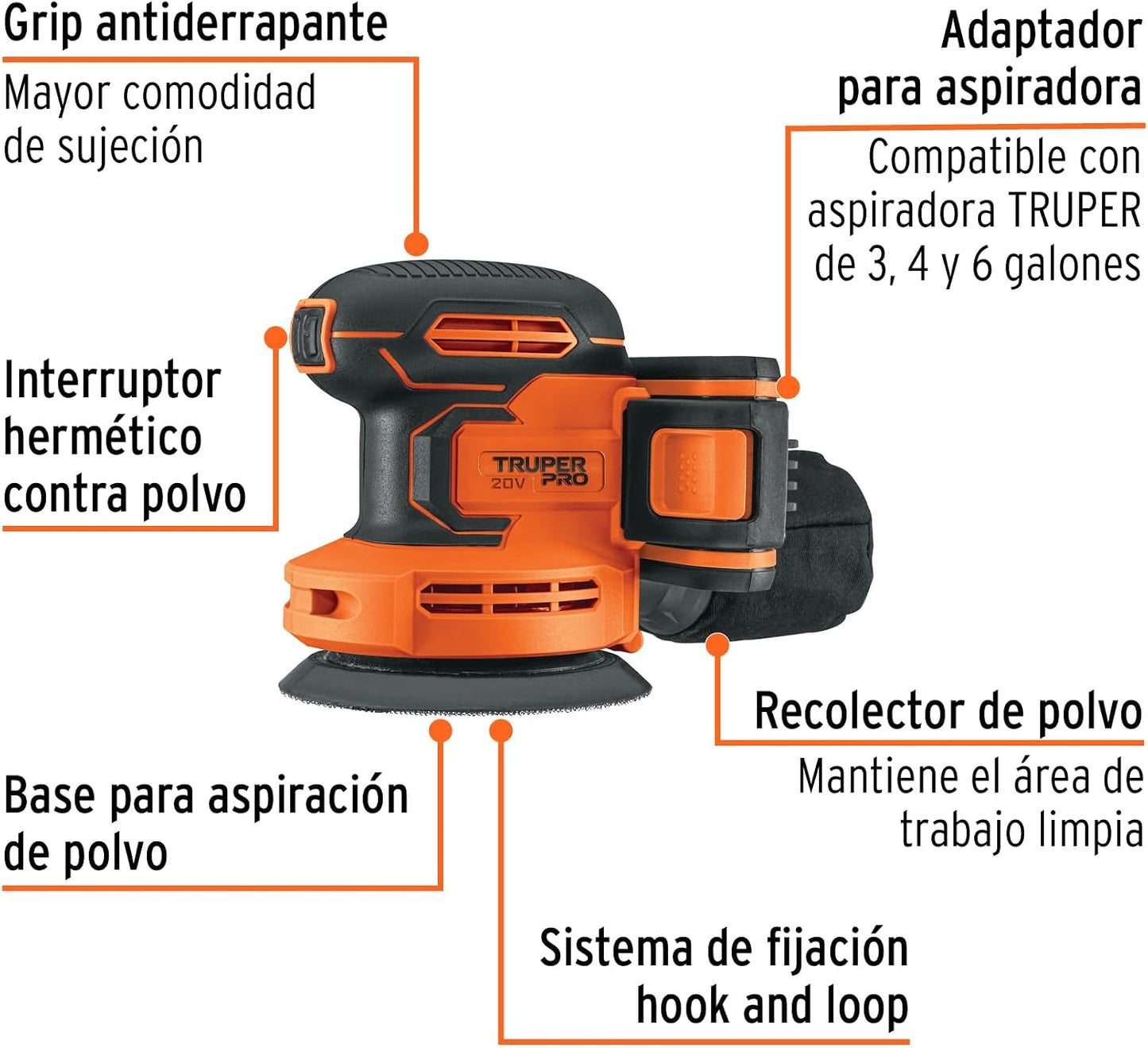 Truper PRO LIRI-20A, Lijadora roto-orbital 5" inalámbrica 20 V con 1 batería de 2 Ah y 1 cargador