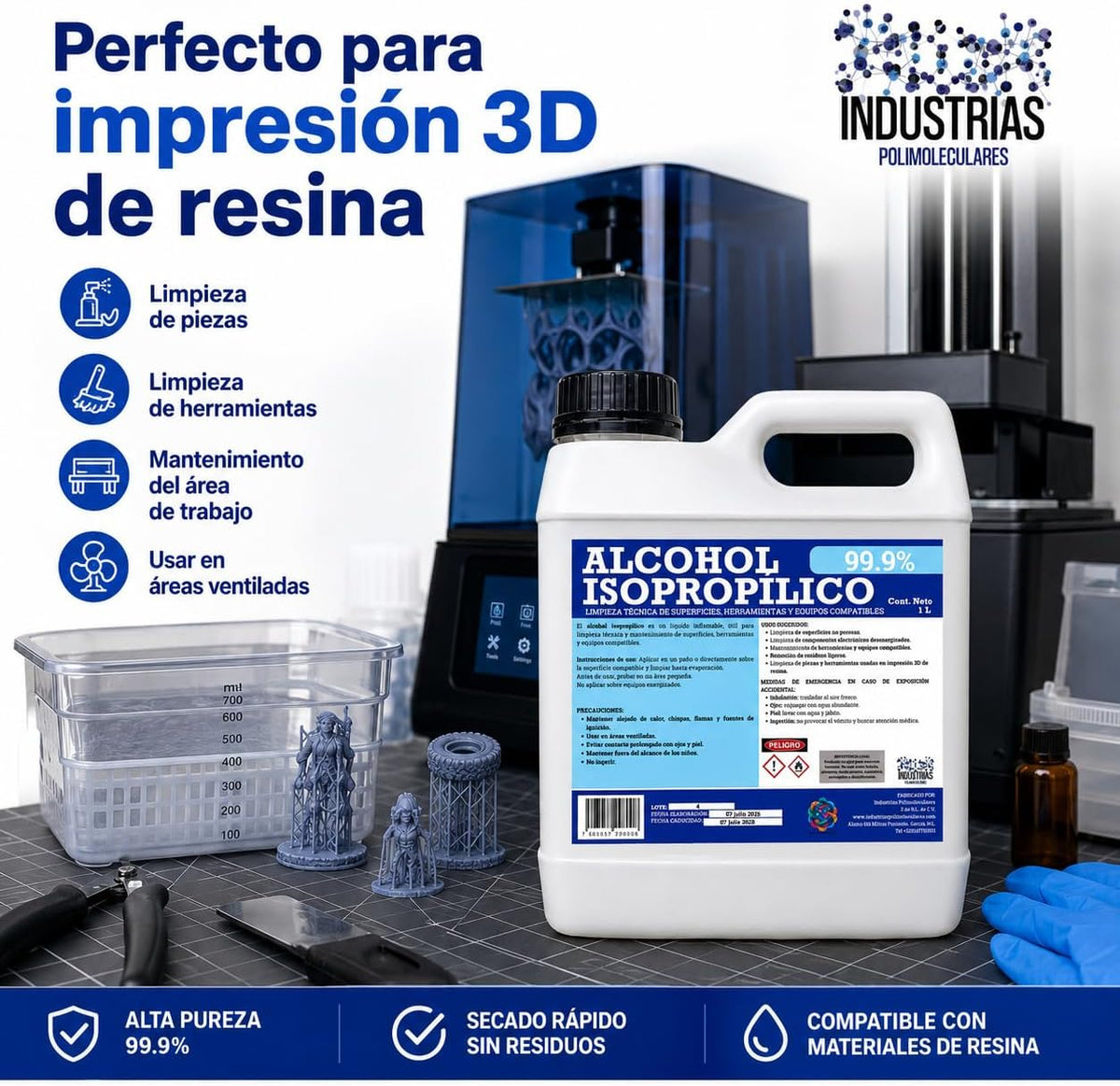 Alcohol Isopropílico 99.9%, 1 Litro, Limpiador para Electrónica, Herramientas e Impresión 3D en Resina