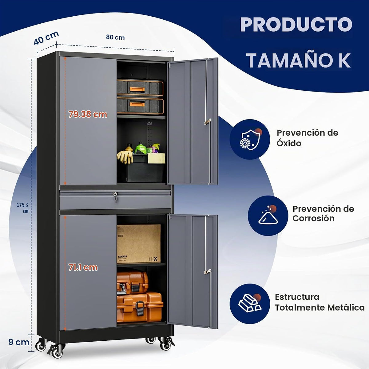 Yizosh - Gabinete metálico de almacenamiento, con puertas, con cerradura y repisas ajustables, para herramientas, con 4 