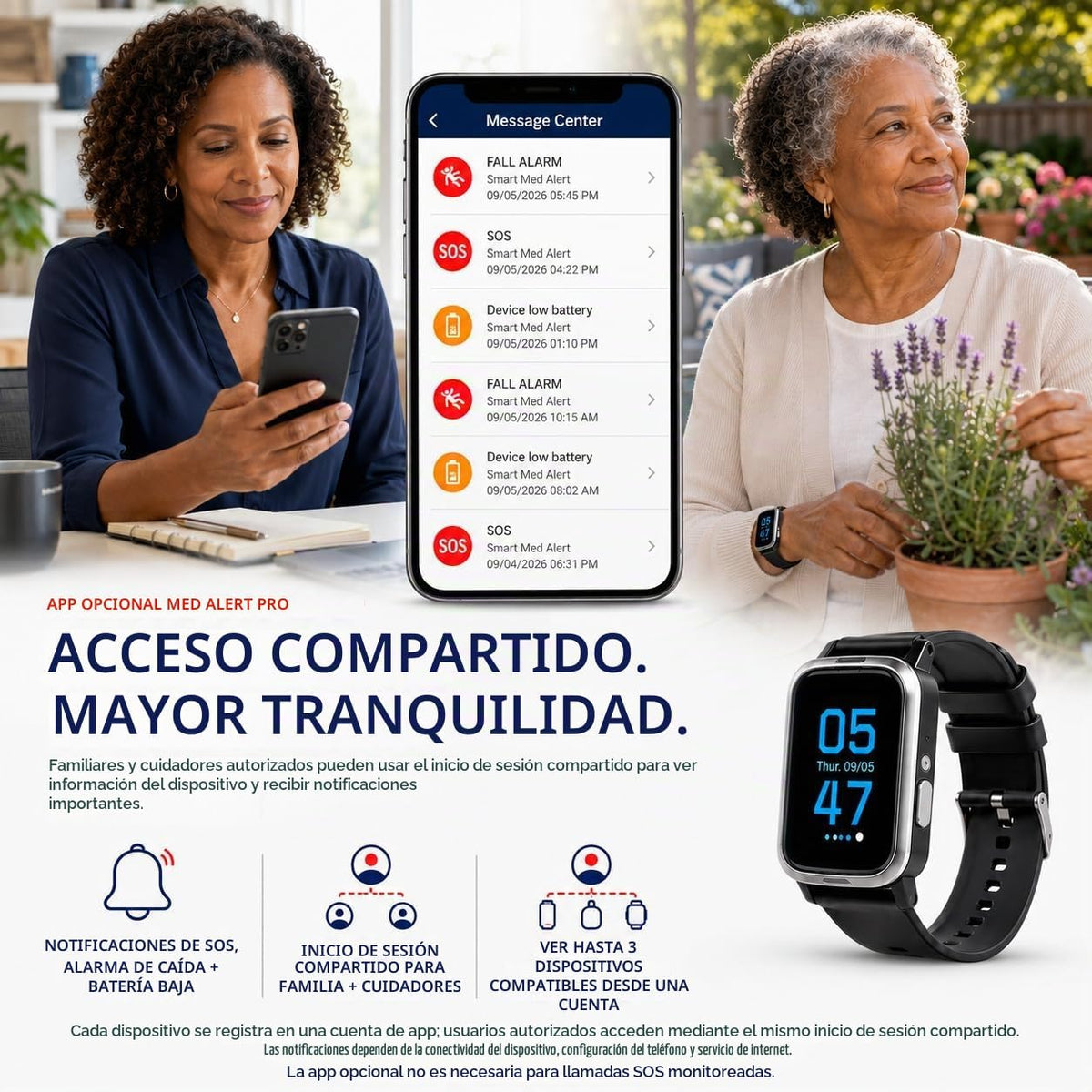 Reloj inteligente de alerta médica celular con botón de emergencia para ancianos, monitoreo 24/7, detección de caídas pa
