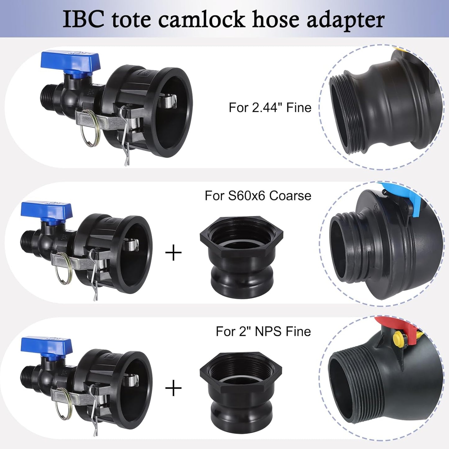 Adaptador de Manguera para Contenedor IBC, Adaptador Cam Lock de 2" para Tanque Contenedor IBC de 275-330 Galones con Co