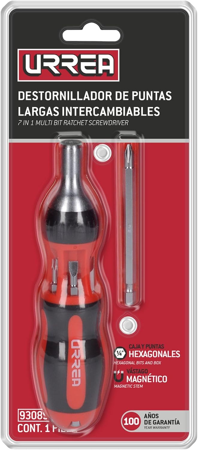 Urrea 9308L Destornillador con mango bimaterial de matraca con puntas largas intercambiables 7 en 1