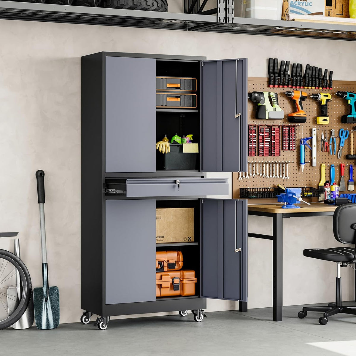 Yizosh - Gabinete metálico de almacenamiento, con puertas, con cerradura y repisas ajustables, para herramientas, con 4 