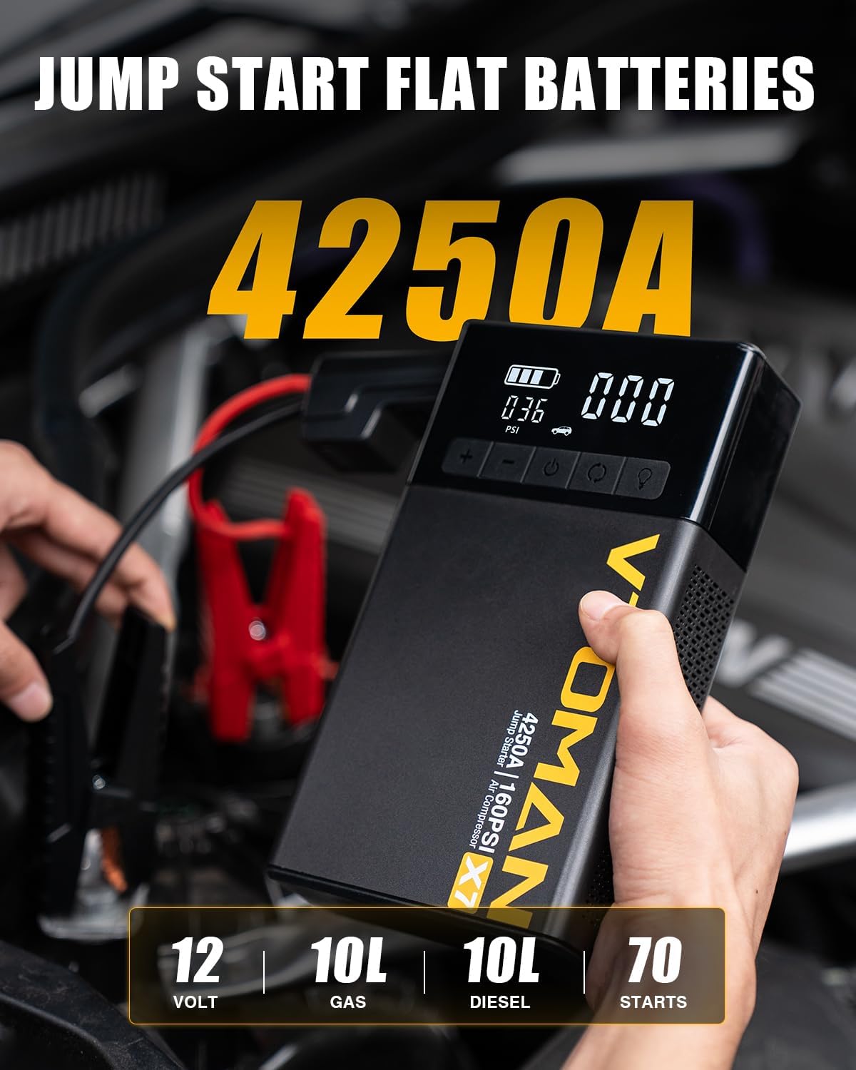 VTOMAN X7 - Arrancador de batería con compresor de aire, batería 4250A y 160PSI, paquete de refuerzo portátil (10 L de g