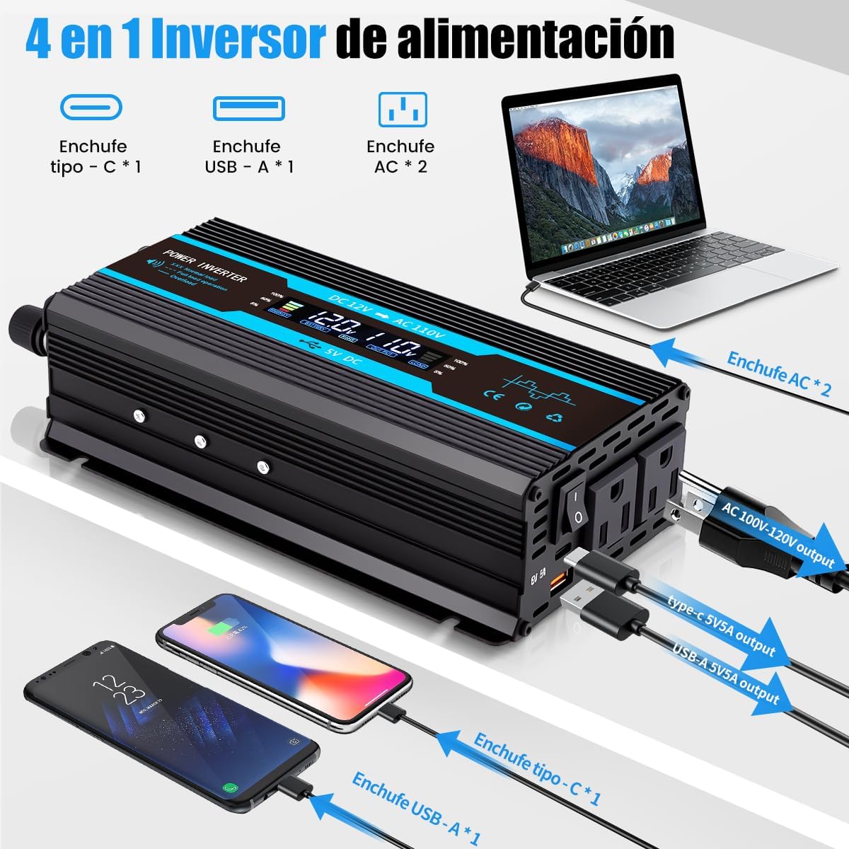 Inversor de Corriente para Auto, Convertidor de Corriente Portátil