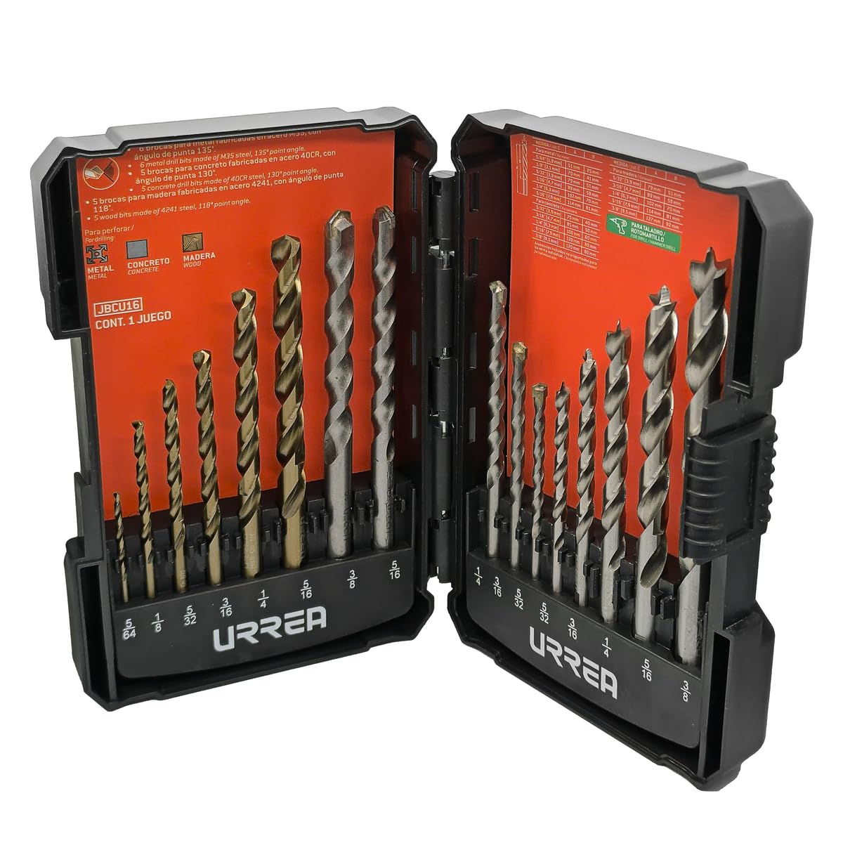 Urrea JBCU16 Juego combinado de brocas para metal, concreto y madera, 16 piezas
