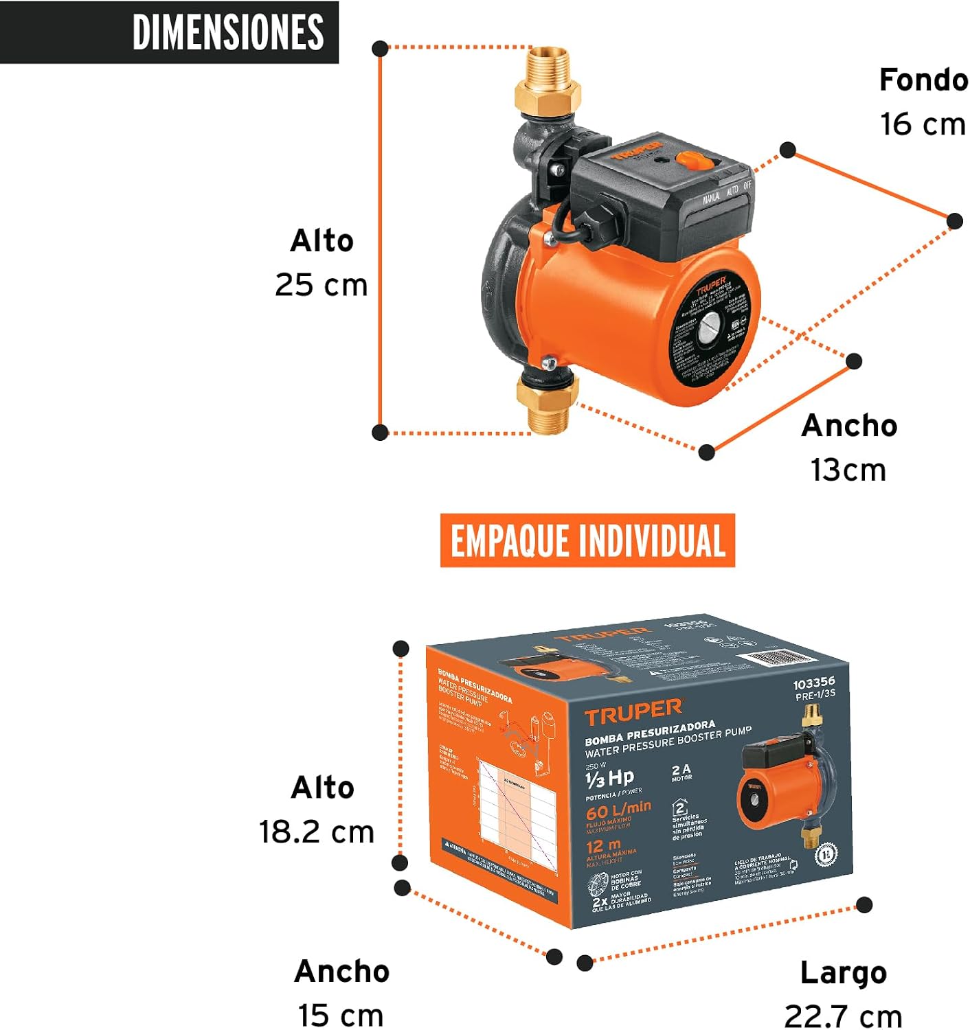 Truper PRE-1/3S, Bomba presurizadora 1/3 HP para 2 servicios