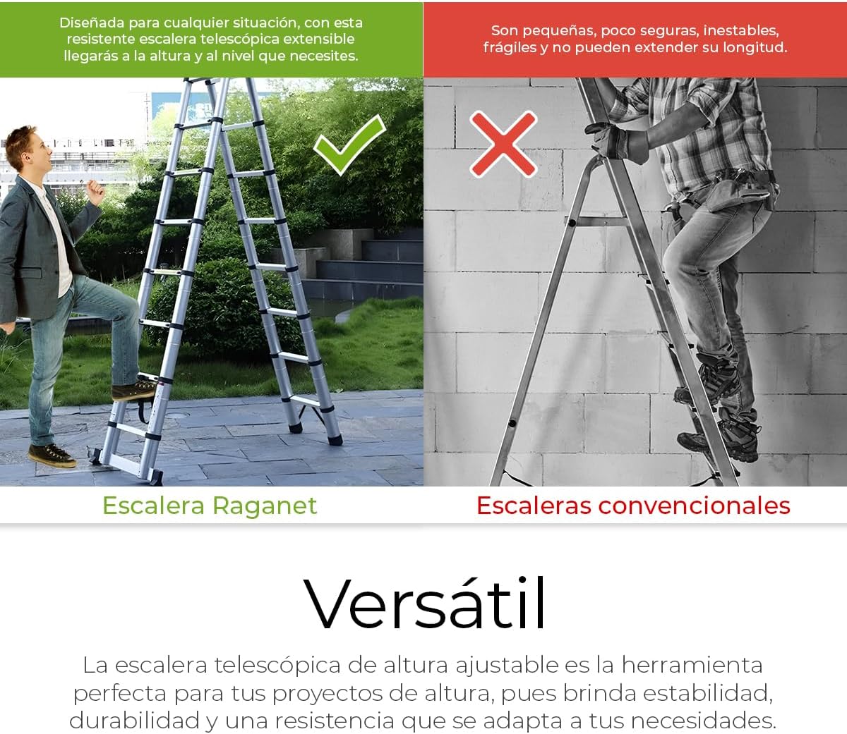 Raganet, Escalera Telescópica Plegable, Escalera de Tijera Altura Ajustable con Escalones, Aluminio Reforzado y Duradero
