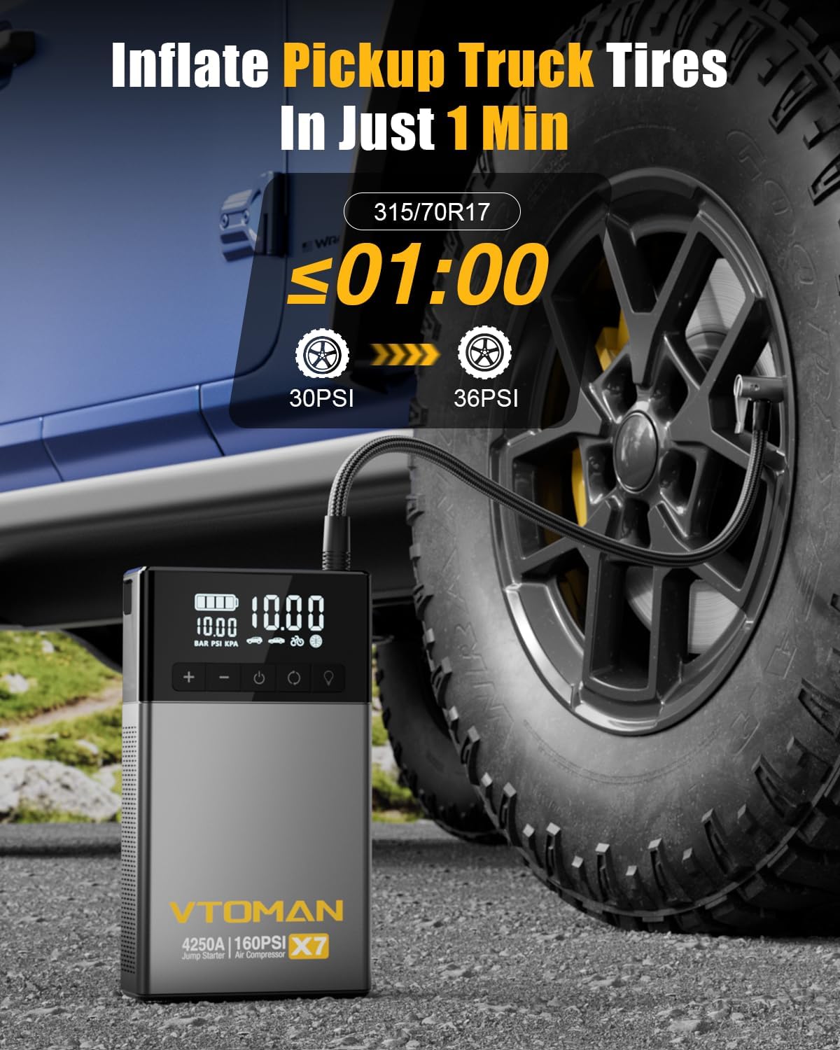 VTOMAN X7 arrancador con compresor de aire, 4250A & 160PSI para camionetas pickup y SUV, batería para auto, portátil (10