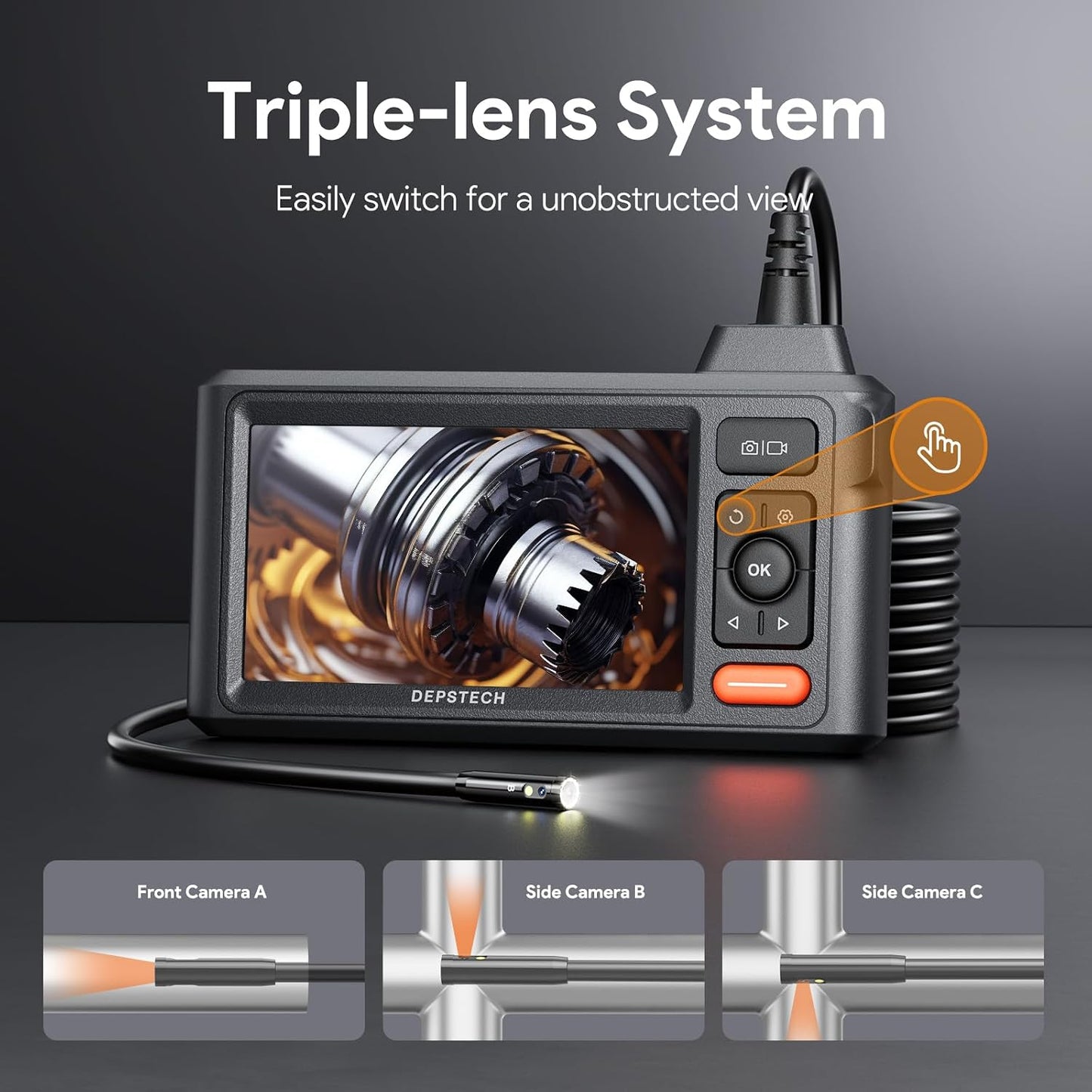 DEPSTECH - Cámara de inspección endoscopio con luces: cámara serpiente de triple lente con pantalla IPS de 5 pulgadas, c