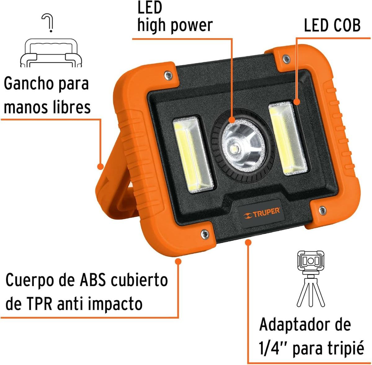 TRUPER LAT-1300, Lámpara LED recargable de trabajo, 1000 lúmenes