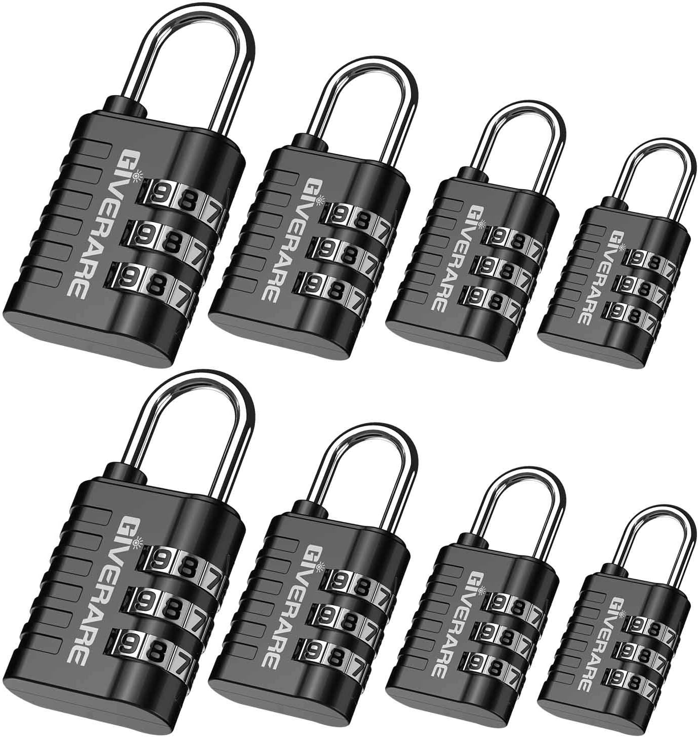 GIVERARE - Paquete de 8 candados de combinación, 3 dígitos sin llave, cerraduras de equipaje reiniciables para mochila, 