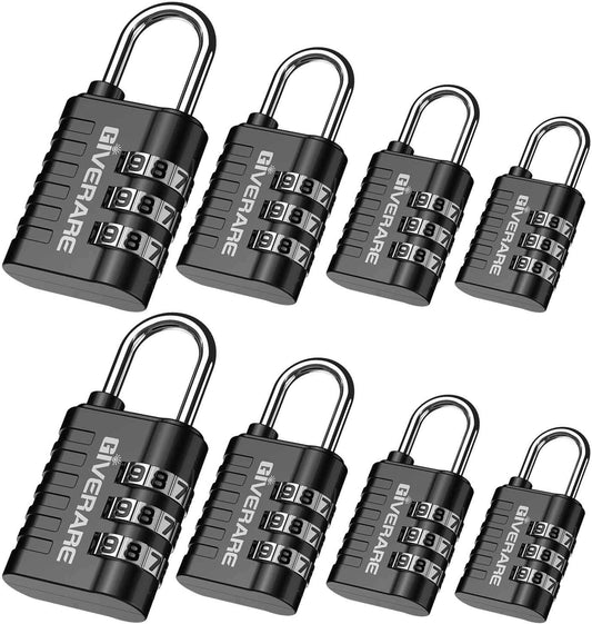 GIVERARE - Paquete de 8 candados de combinación, 3 dígitos sin llave, cerraduras de equipaje reiniciables para mochila, 