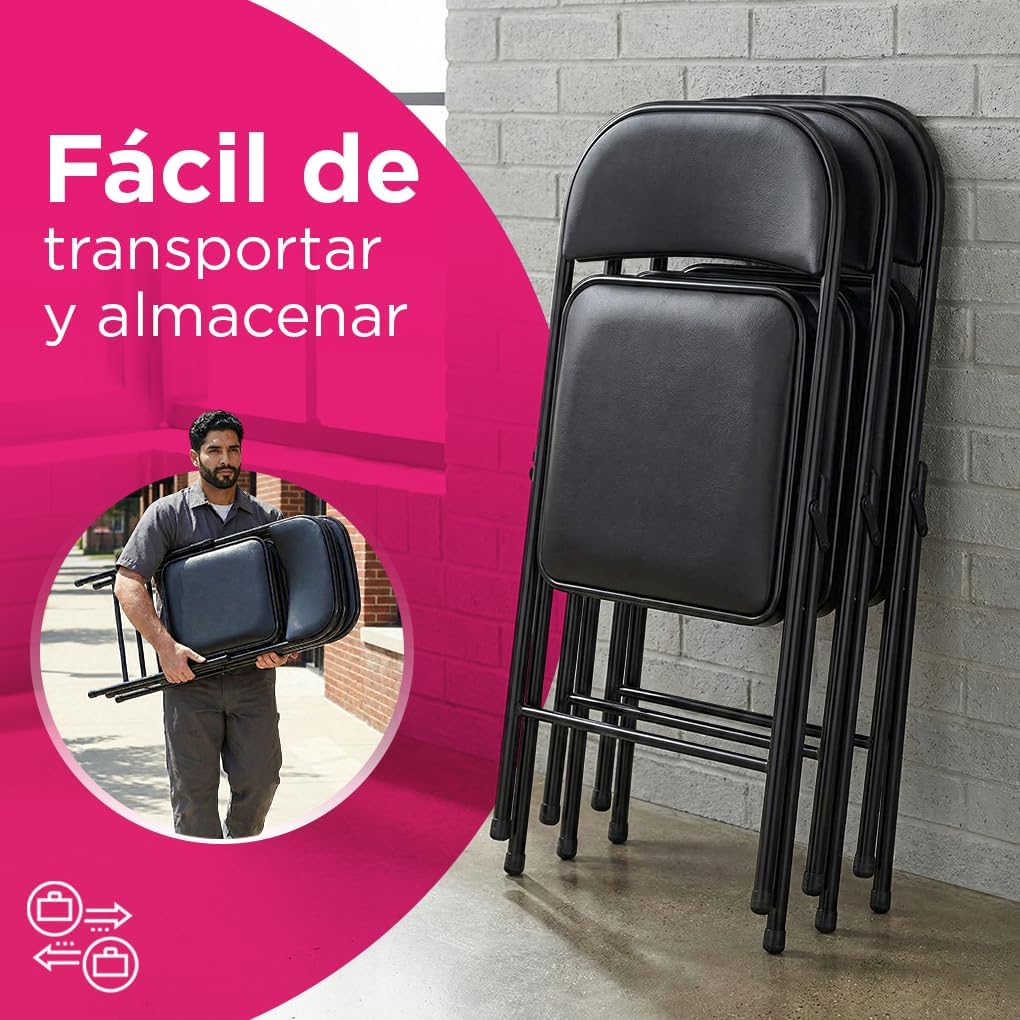 VANLIG | Set 4 Sillas Plegables Acolchadas Negras | Asiento Cómodo con Respaldo | Estructura Metálica Resistente | Cuero