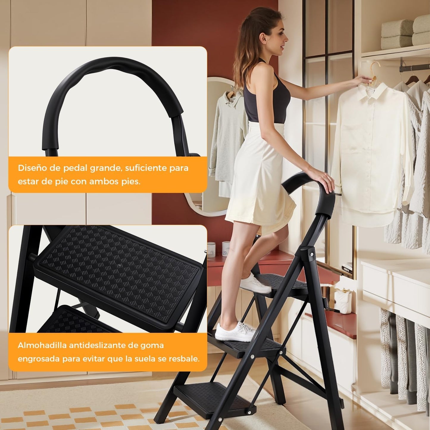 Escalera de Tijera, Escalera Plegable para Casa, 3 Peldaños de 30cm de Ancho, Con Pasamanos Antideslizantes, Diseño de C