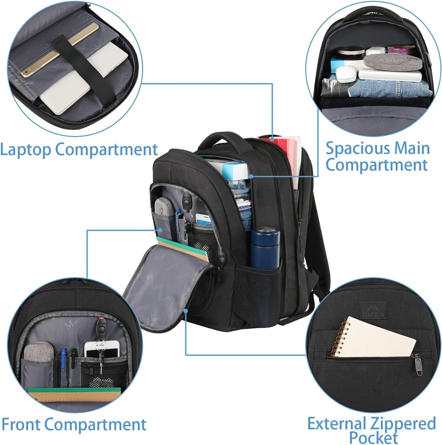 MATEIN Mochila de Viaje para Hombre y Mujer, Mochila Antirrobo de Uso Rudo, Compartimento para Laptop de 15.6 Pulgadas, 
