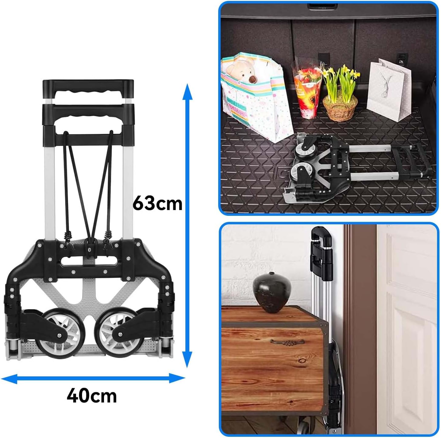 ACOVARK Carro de Mano Plegable, 200 LBS Plegable para Carretilla de Mano,Carro de Compras con Asa Telescópica y Ruedas d
