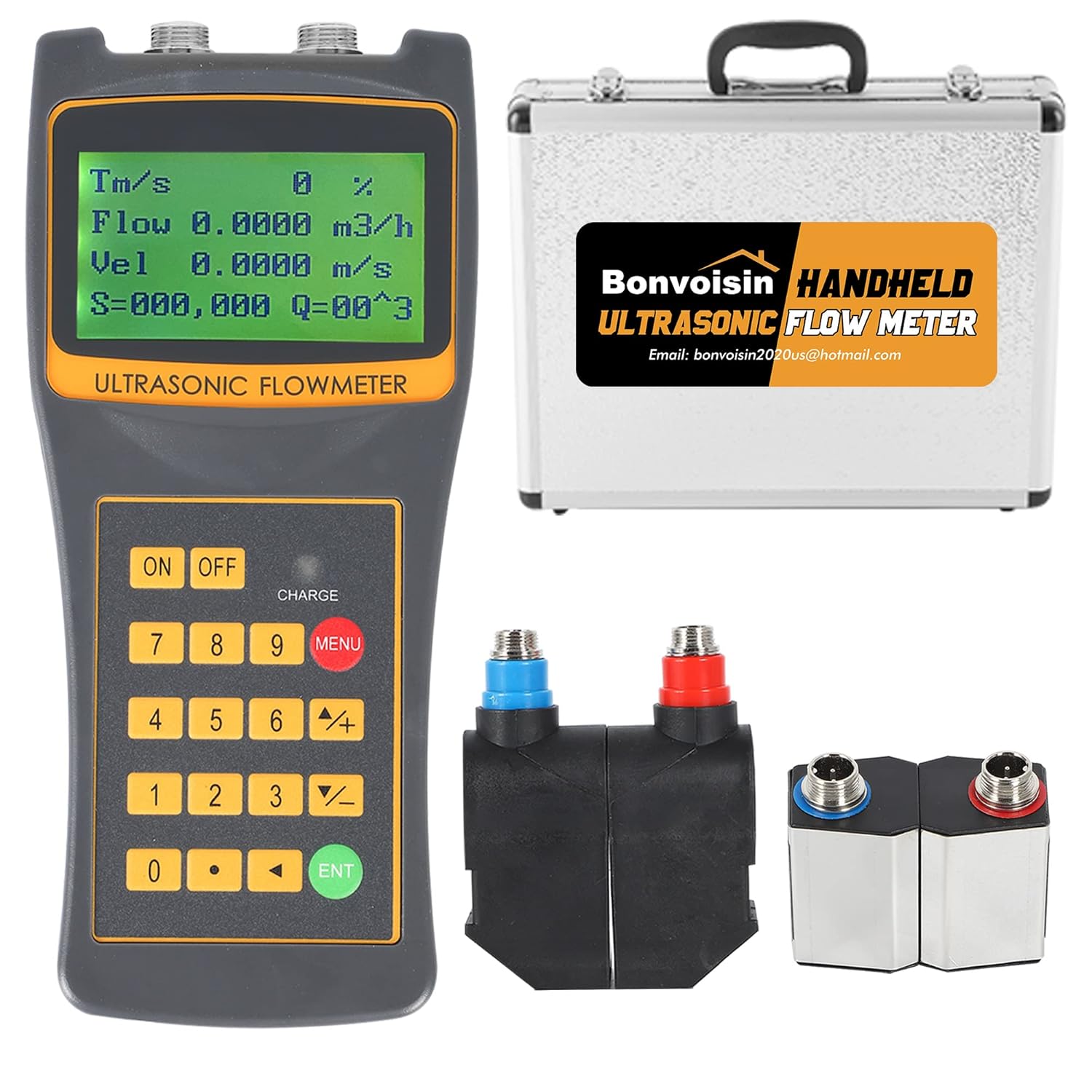 Bonvoisin - Medidor de flujo ultrasónico portátil con abrazadera con salida de datos S1+M2 sensores para agua de mar, al