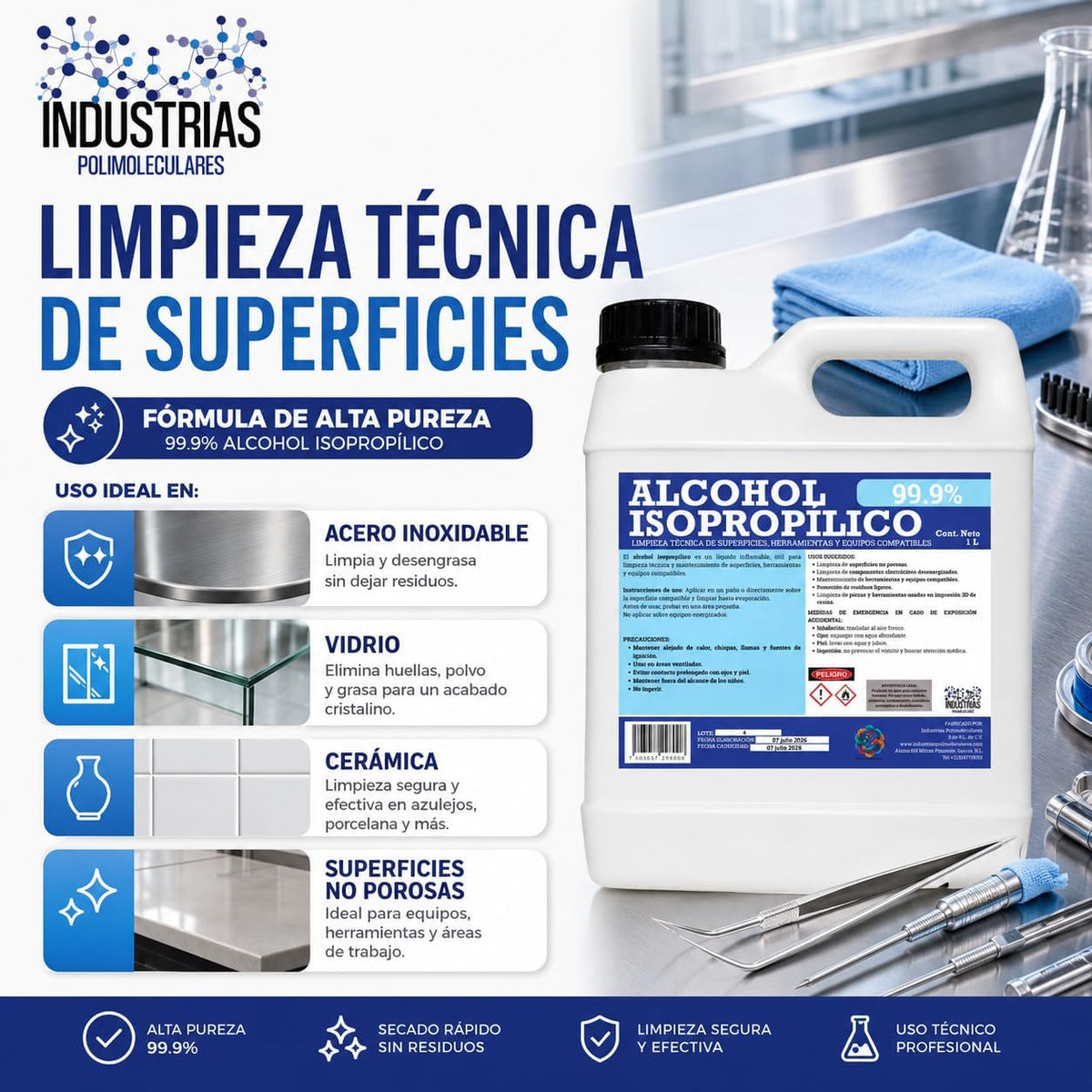 Alcohol Isopropílico 99.9%, 1 Litro, Limpiador para Electrónica, Herramientas e Impresión 3D en Resina