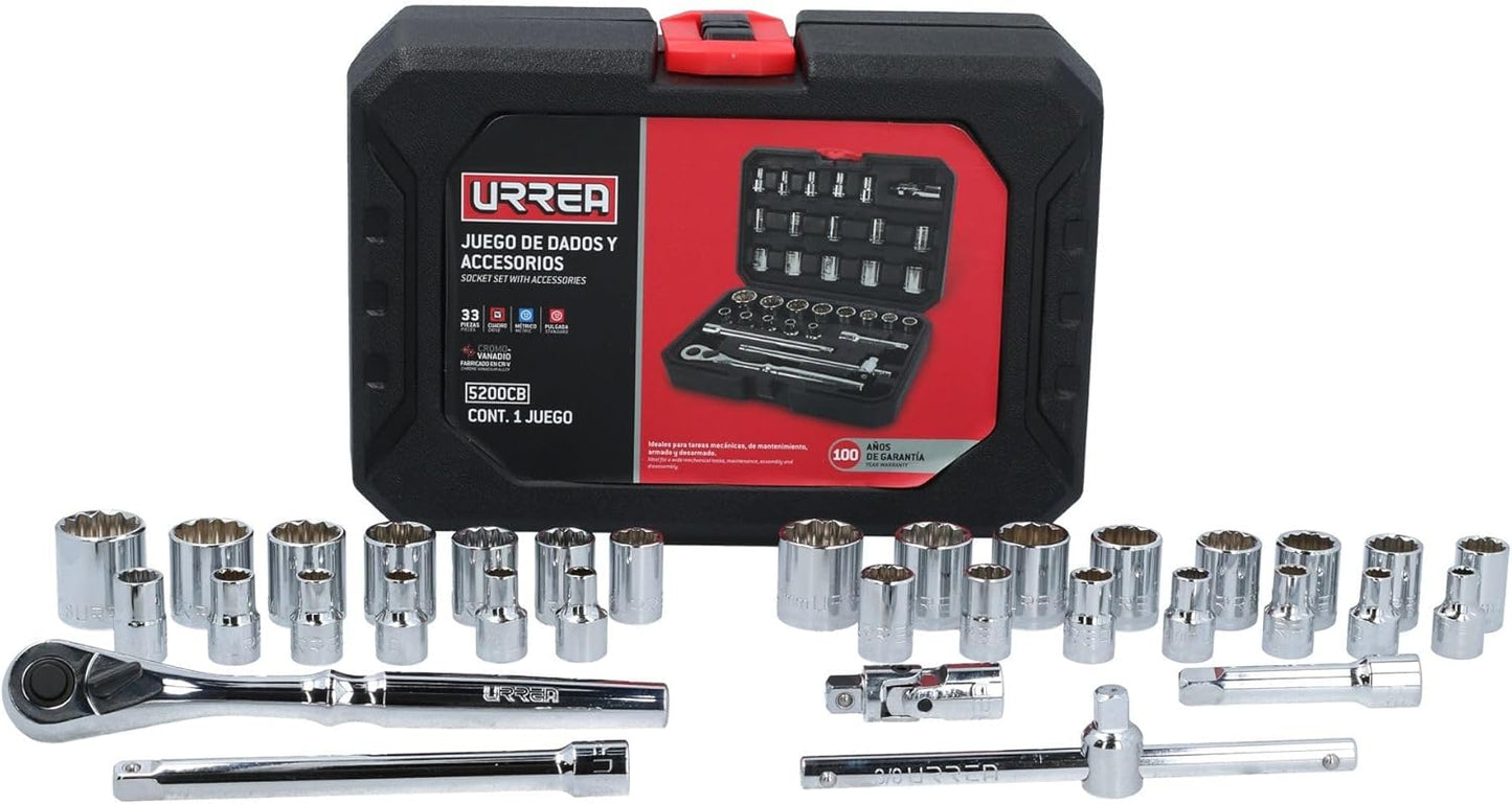 Urrea Herramientas 5200CB Urrea Juego de dados y accesorios 3/8" de 33 piezas en estuche plástico, color, pack of/paquet