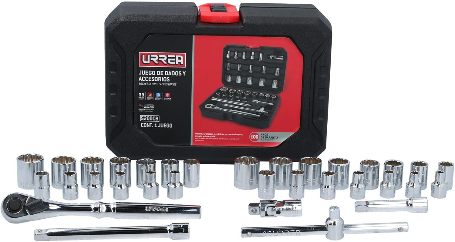 Urrea Herramientas 5200CB Urrea Juego de dados y accesorios 3/8" de 33 piezas en estuche plástico, color, pack of/paquet