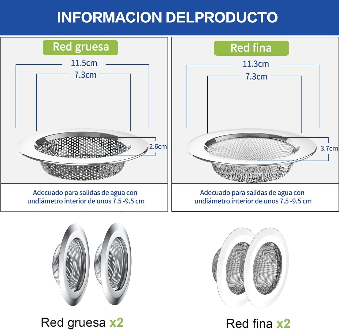 4 Piezas Coladores para Fregadero de Cocina, Coladores de Drenaje para Fregadero de Acero Inoxidable de Ancho, Filtro de