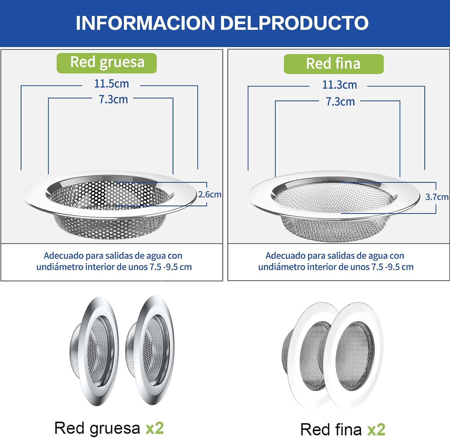 4 Piezas Coladores para Fregadero de Cocina, Coladores de Drenaje para Fregadero de Acero Inoxidable de Ancho, Filtro de