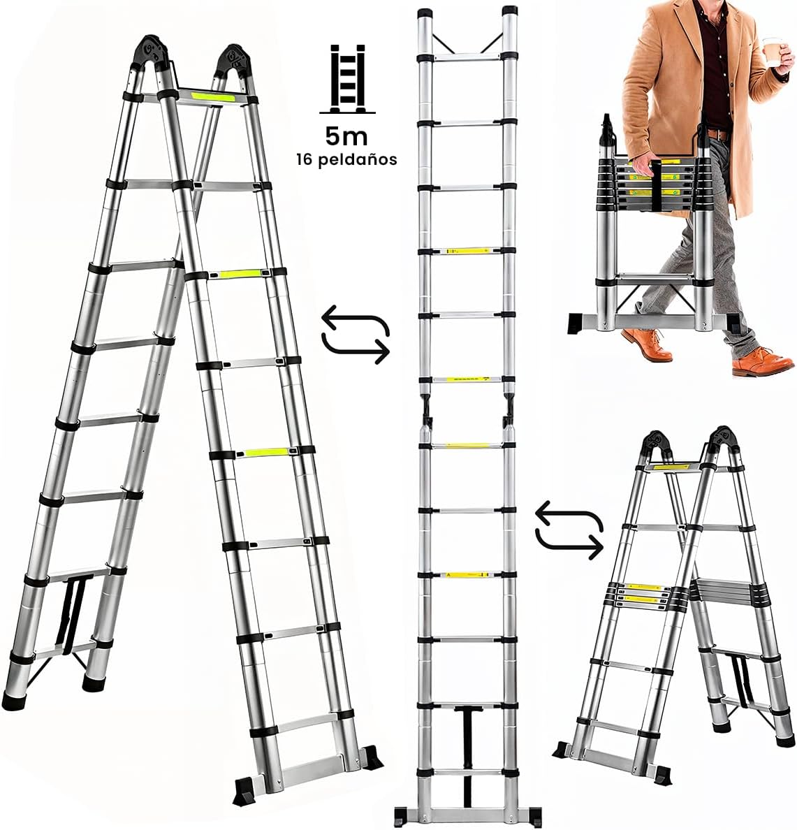 Raganet, Escalera Telescópica Plegable, Escalera de Tijera Altura Ajustable con Escalones, Aluminio Reforzado y Duradero