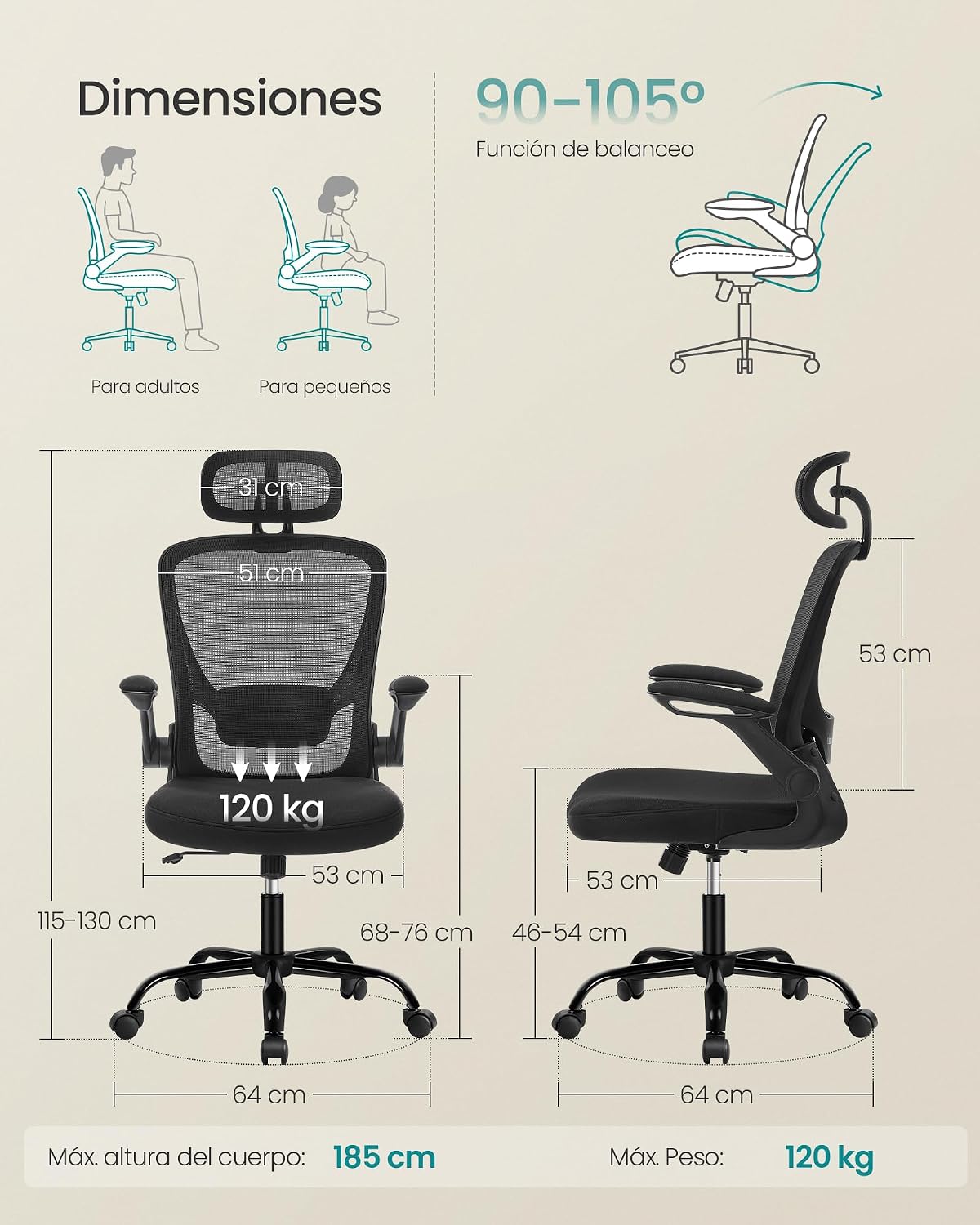 SONGMICS Silla de Oficina Ergonómica, Giratoria de Malla, Soporte Lumbar