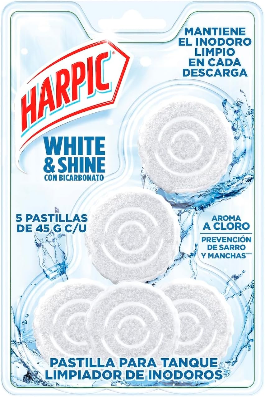 Harpic White & Shine Pastillas Acuaticas con Cloro, 5 piezas