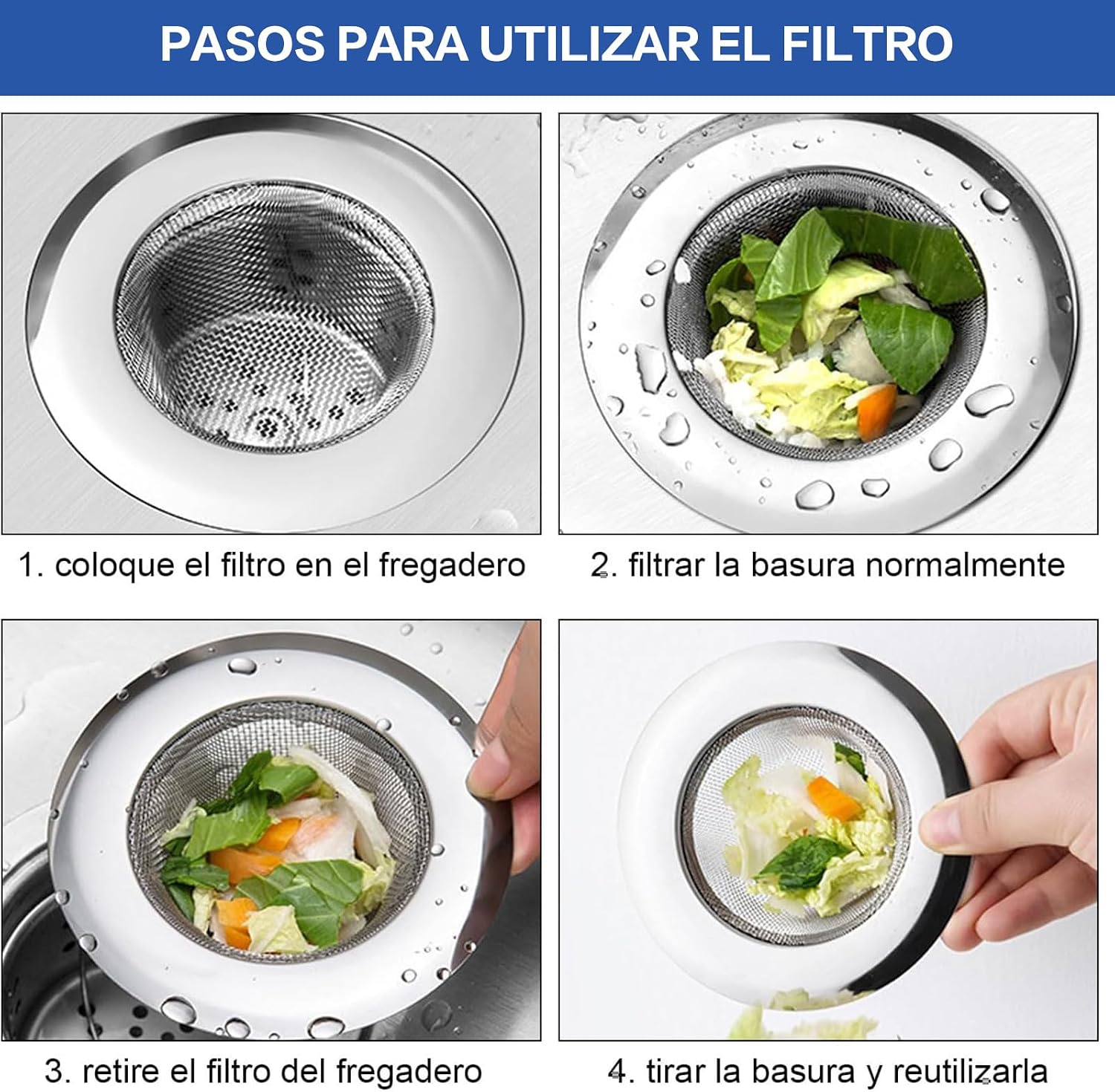 4 Piezas Coladores para Fregadero de Cocina, Coladores de Drenaje para Fregadero de Acero Inoxidable de Ancho, Filtro de