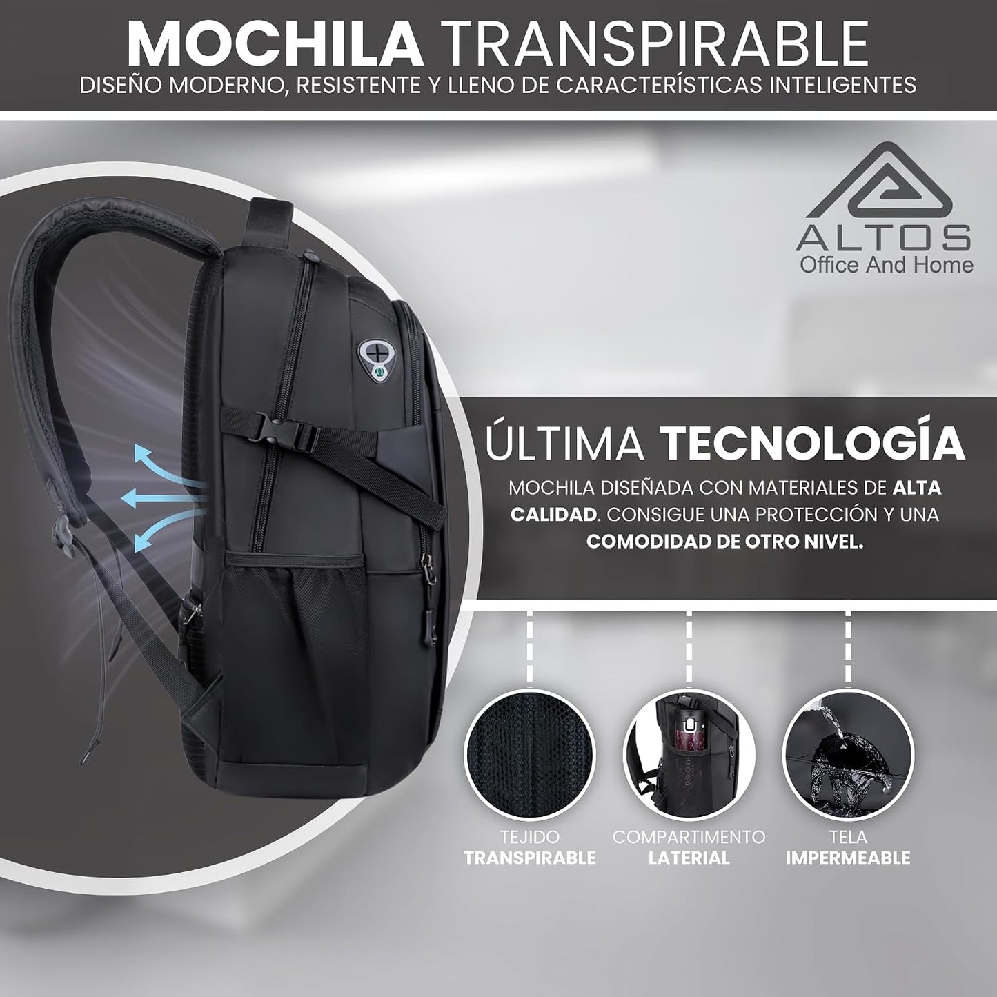 ALTOS OFFICE AND HOME Mochila para laptop, viajes de negocios y estudios, Puerto USB, Laptop hasta 15,6", negra, antirro