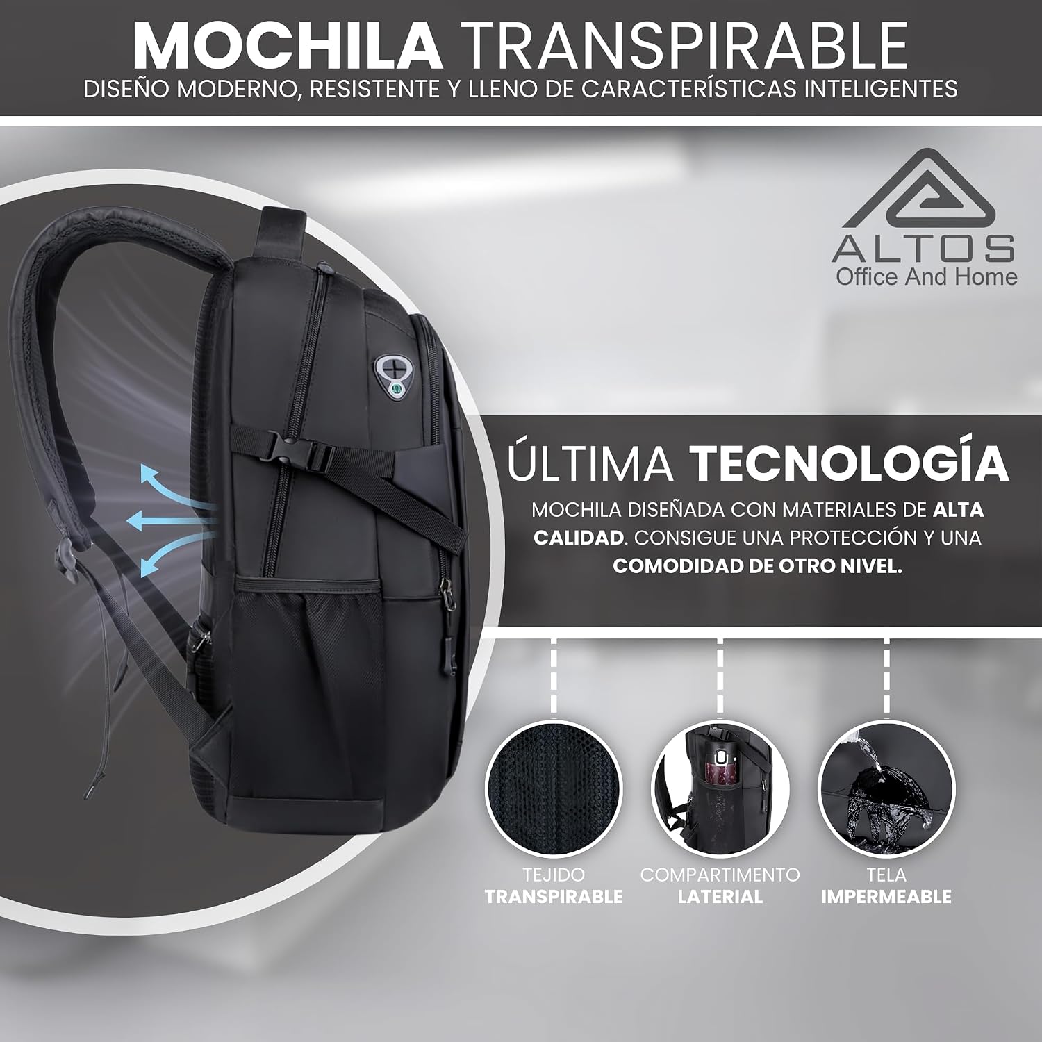 ALTOS OFFICE AND HOME Mochila para laptop, viajes de negocios y estudios, Puerto USB, Laptop hasta 15,6", negra, antirro