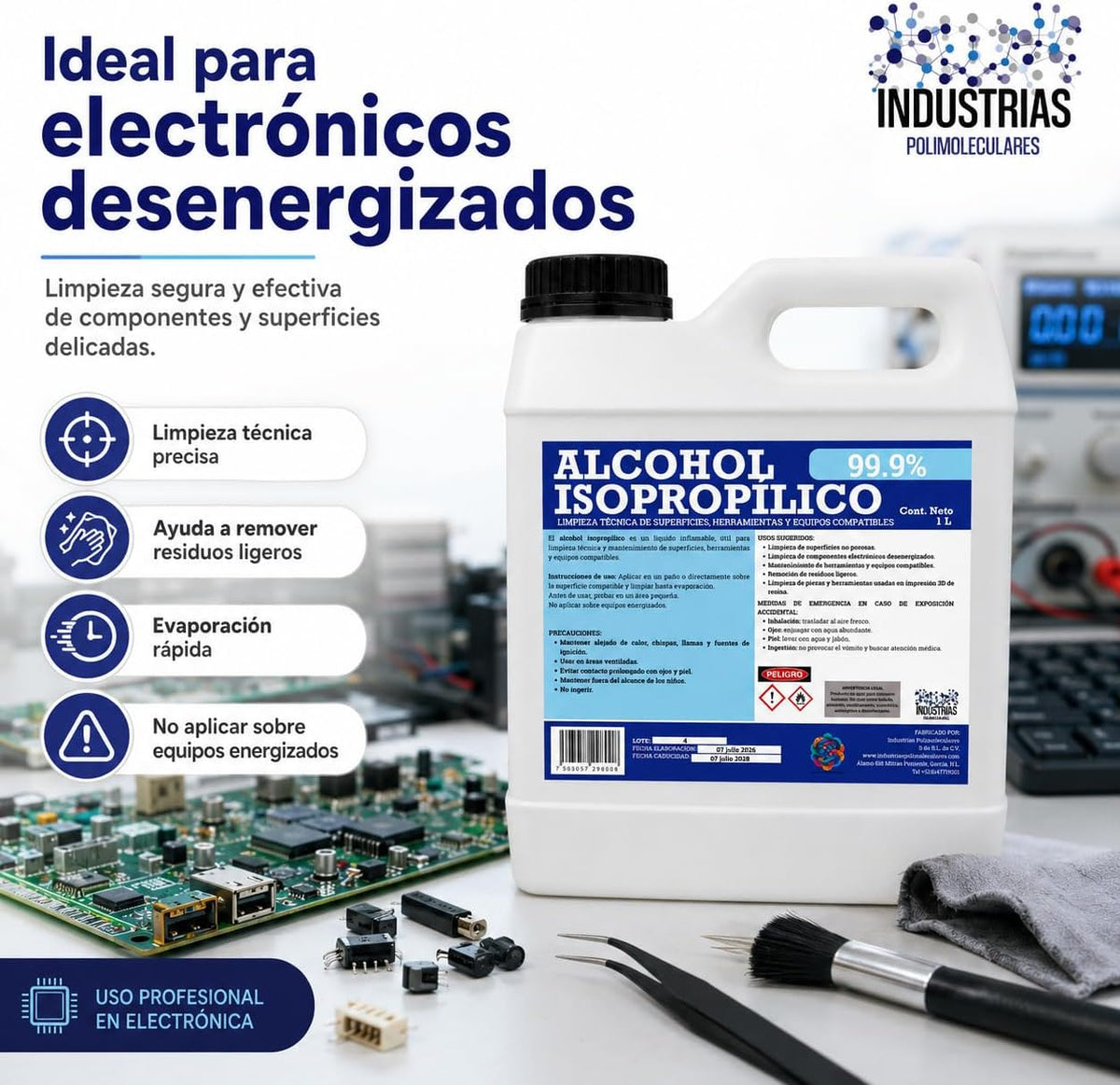 Alcohol Isopropílico 99.9%, 1 Litro, Limpiador para Electrónica, Herramientas e Impresión 3D en Resina