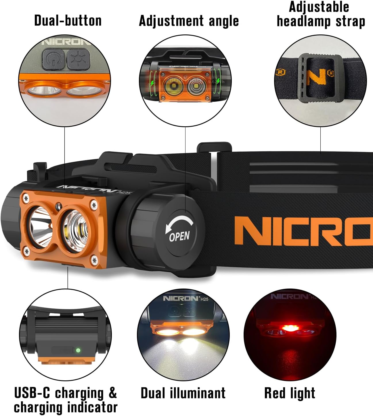 NICRON Linterna Led Recargable por USB para Emergencias Ligera E Impermeable 7 Modos Cinta Ajustable para La Cabeza Adec