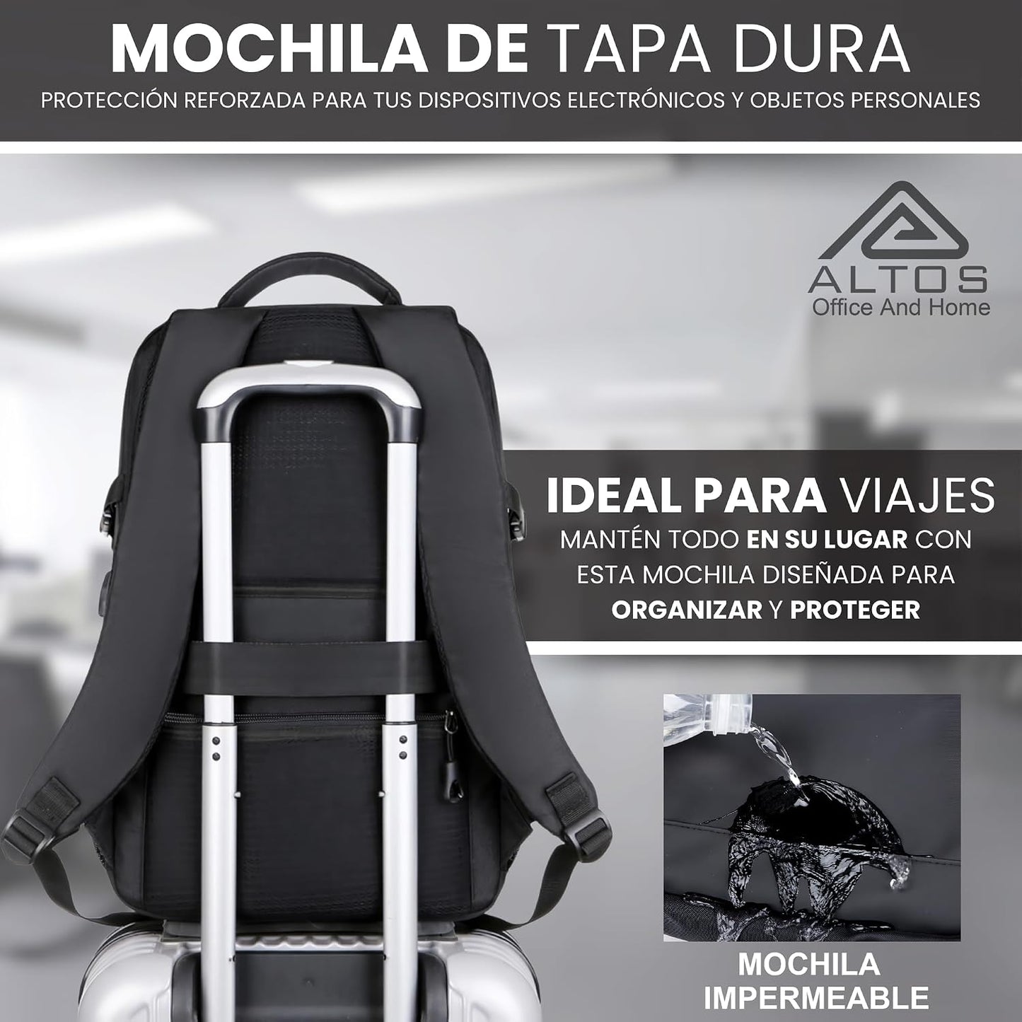 ALTOS OFFICE AND HOME Mochila para laptop, viajes de negocios y estudios, Puerto USB, Laptop hasta 15,6", negra, antirro