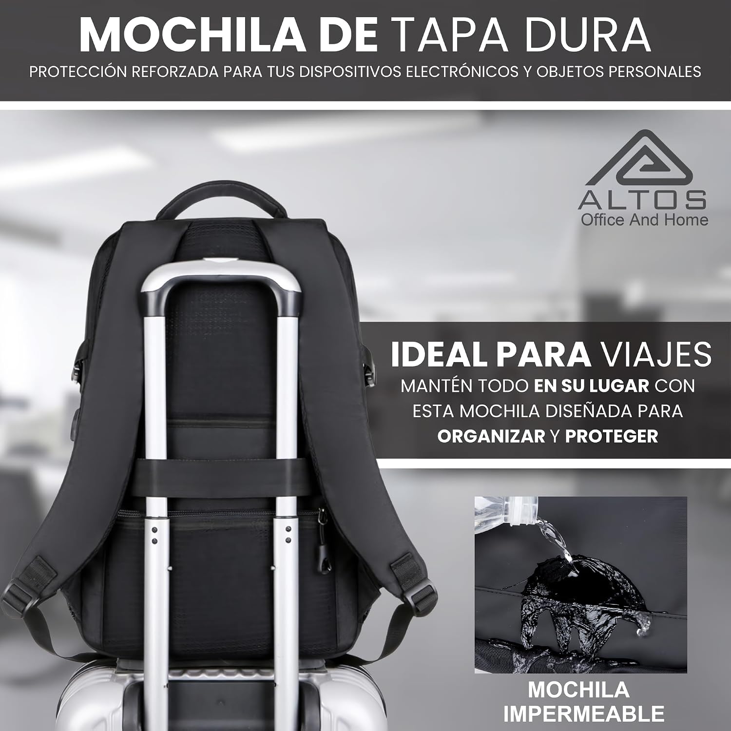 ALTOS OFFICE AND HOME Mochila para laptop, viajes de negocios y estudios, Puerto USB, Laptop hasta 15,6", negra, antirro