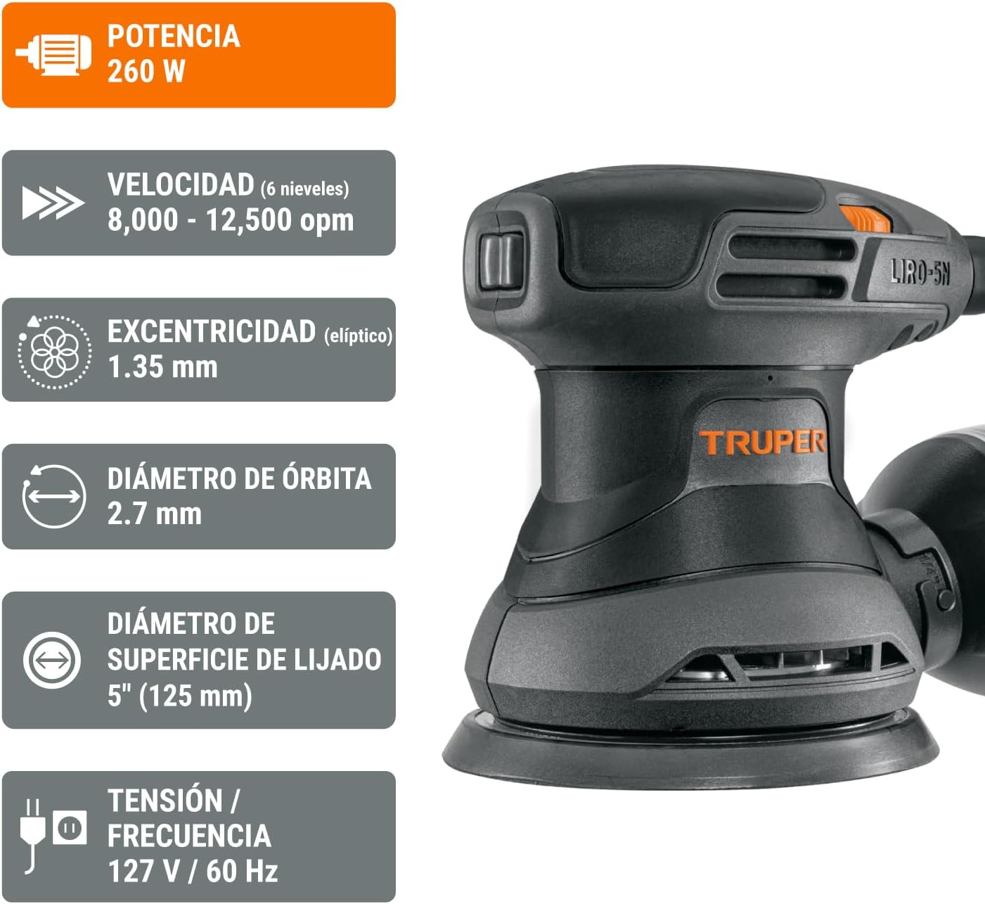 Truper Industrial LIRO-5N2, Lijadora roto orbital 5", 260W