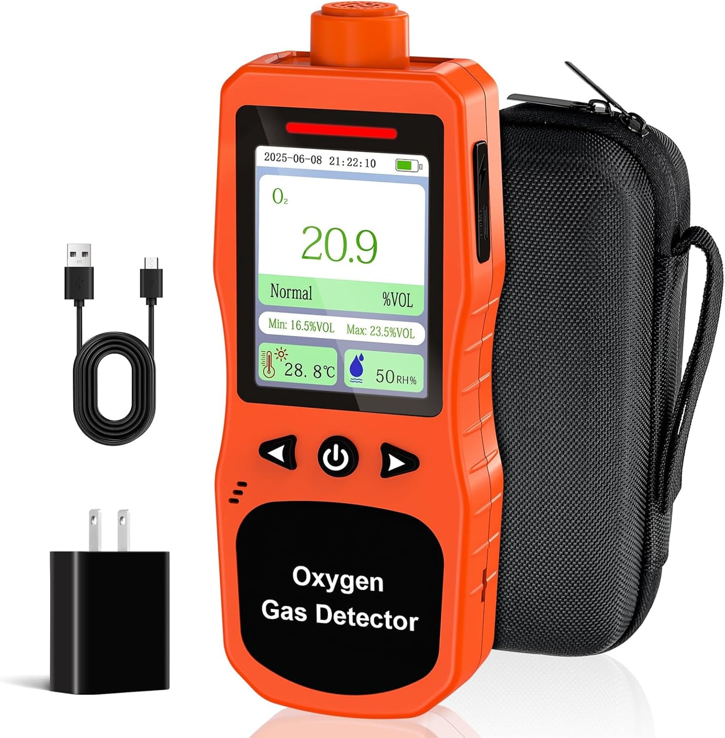 Detector de oxígeno portátil, monitor de O2 recargable con sonido, luz, alarmas de vibración, medidor de calidad del air