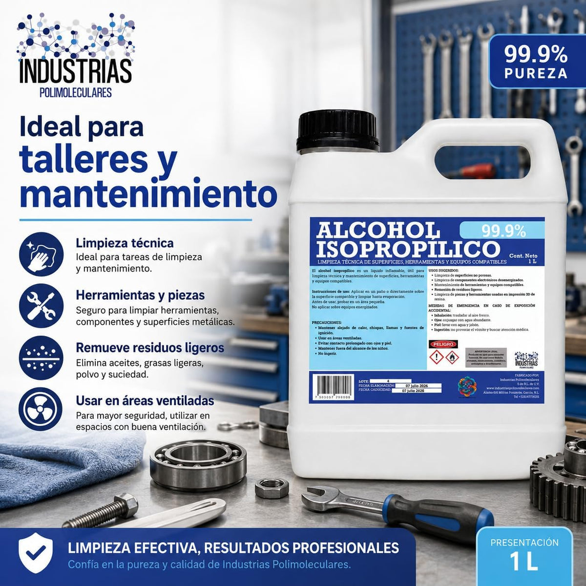 Alcohol Isopropílico 99.9%, 1 Litro, Limpiador para Electrónica, Herramientas e Impresión 3D en Resina