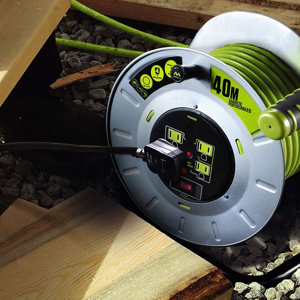 Extensión Eléctrica de 40 Mts Tipo Carrete para Uso Rudo, Calibre 14 AWG, con 4 Multicontactos y Switch + Indicador LED