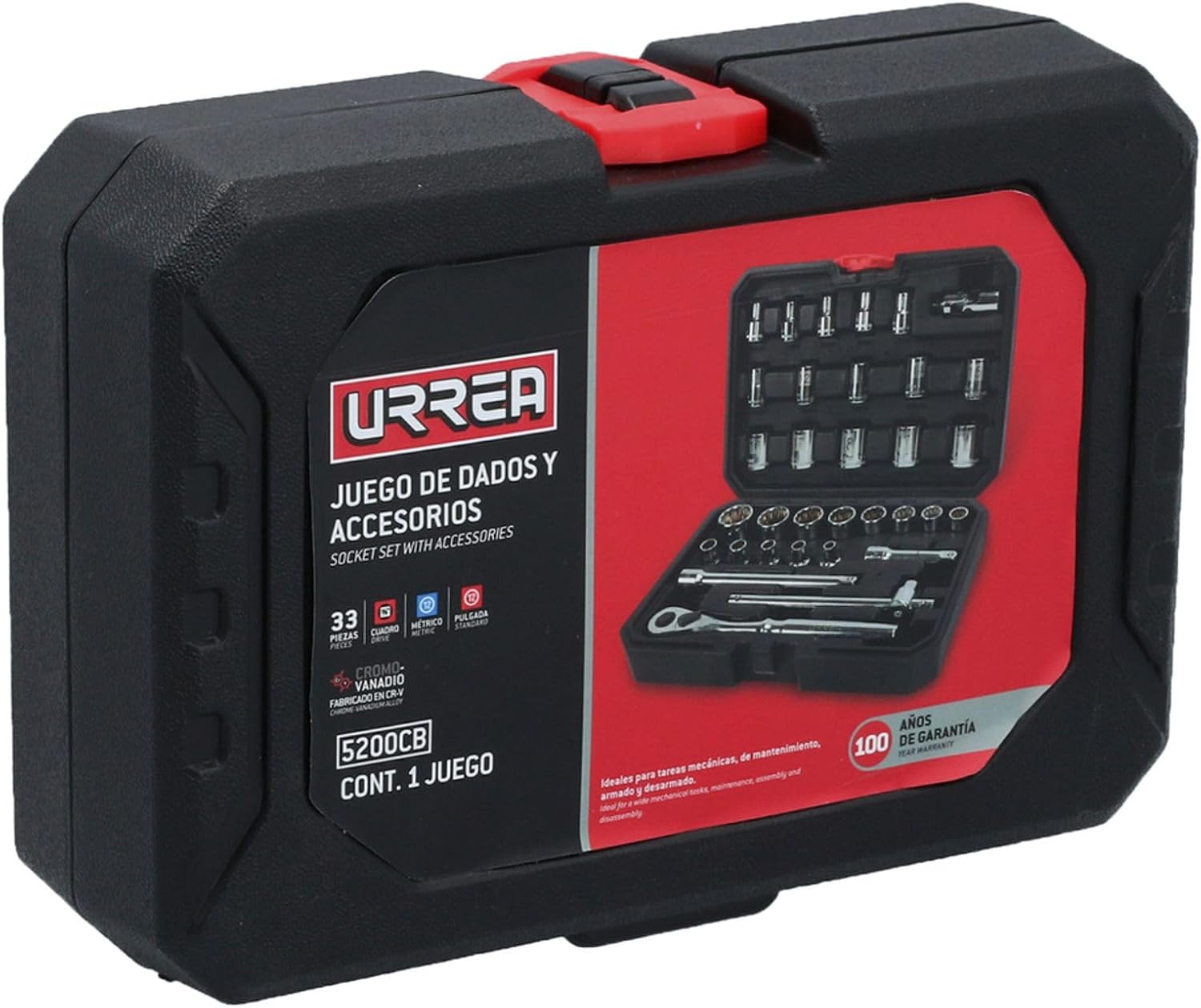 Urrea Herramientas 5200CB Urrea Juego de dados y accesorios 3/8" de 33 piezas en estuche plástico, color, pack of/paquet